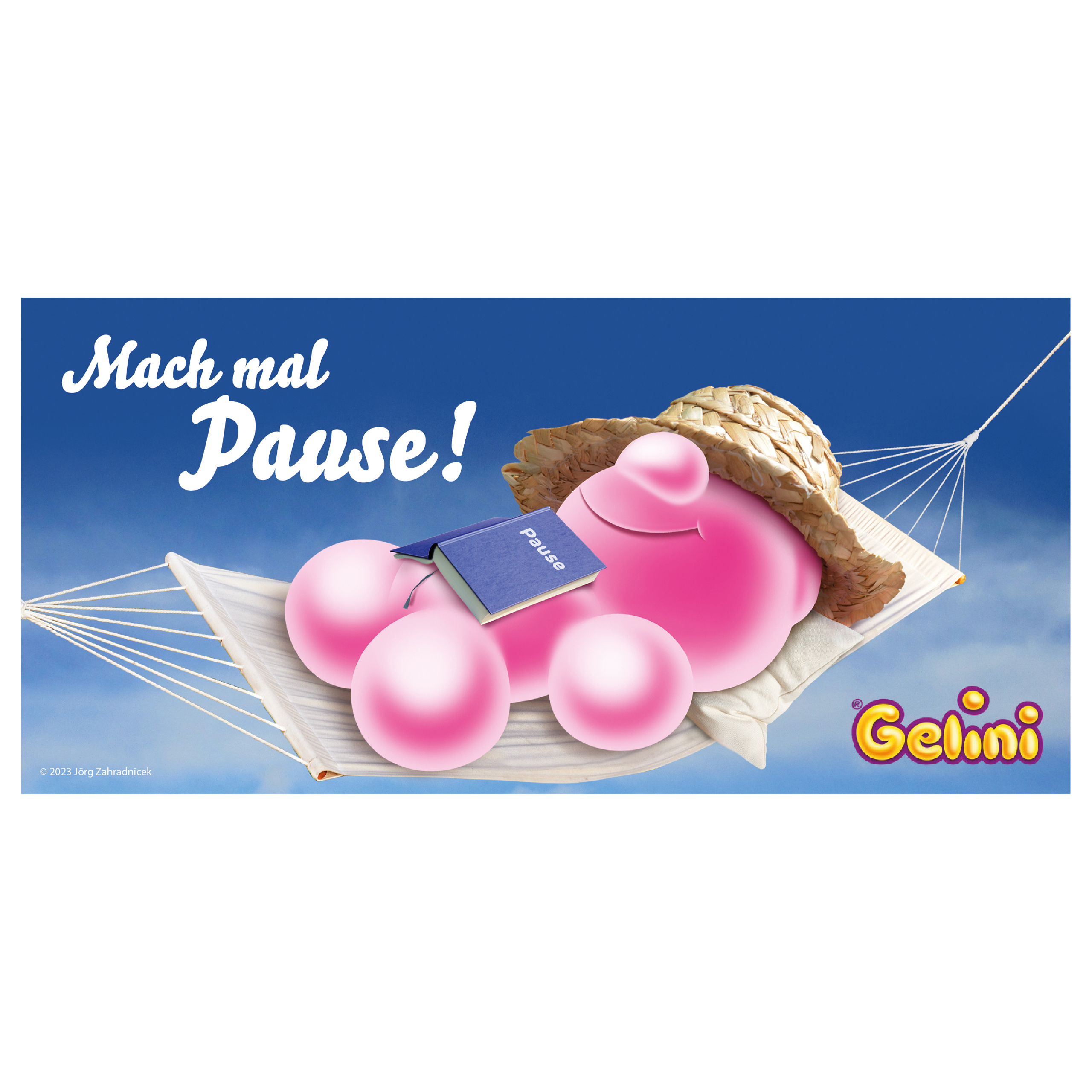 Rosa Cartoon-Kreatur in einer Hängematte mit Buch und Strohhut.