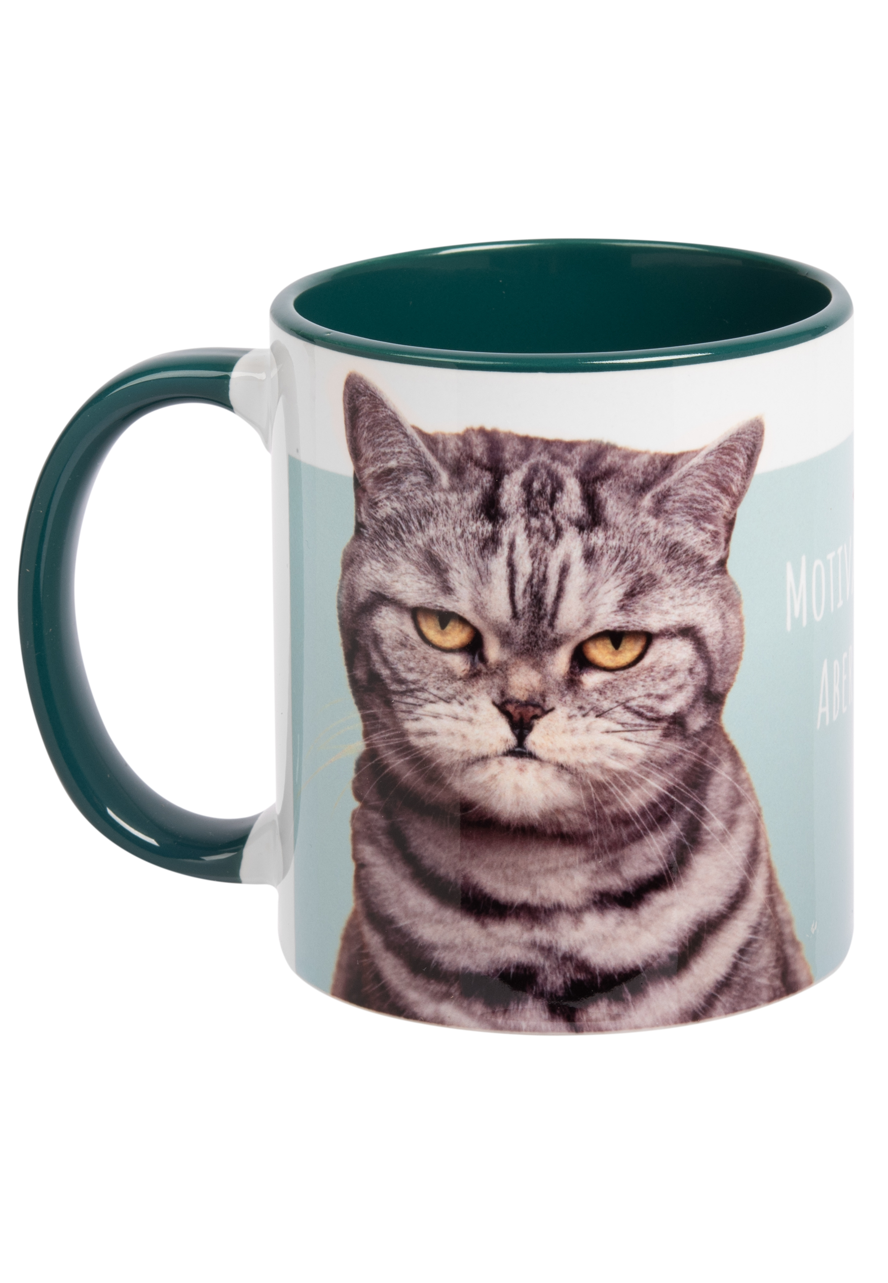 Becher mit Katzen-Gesicht. Grün innen. Text an der Seite. Weißer Hintergrund.