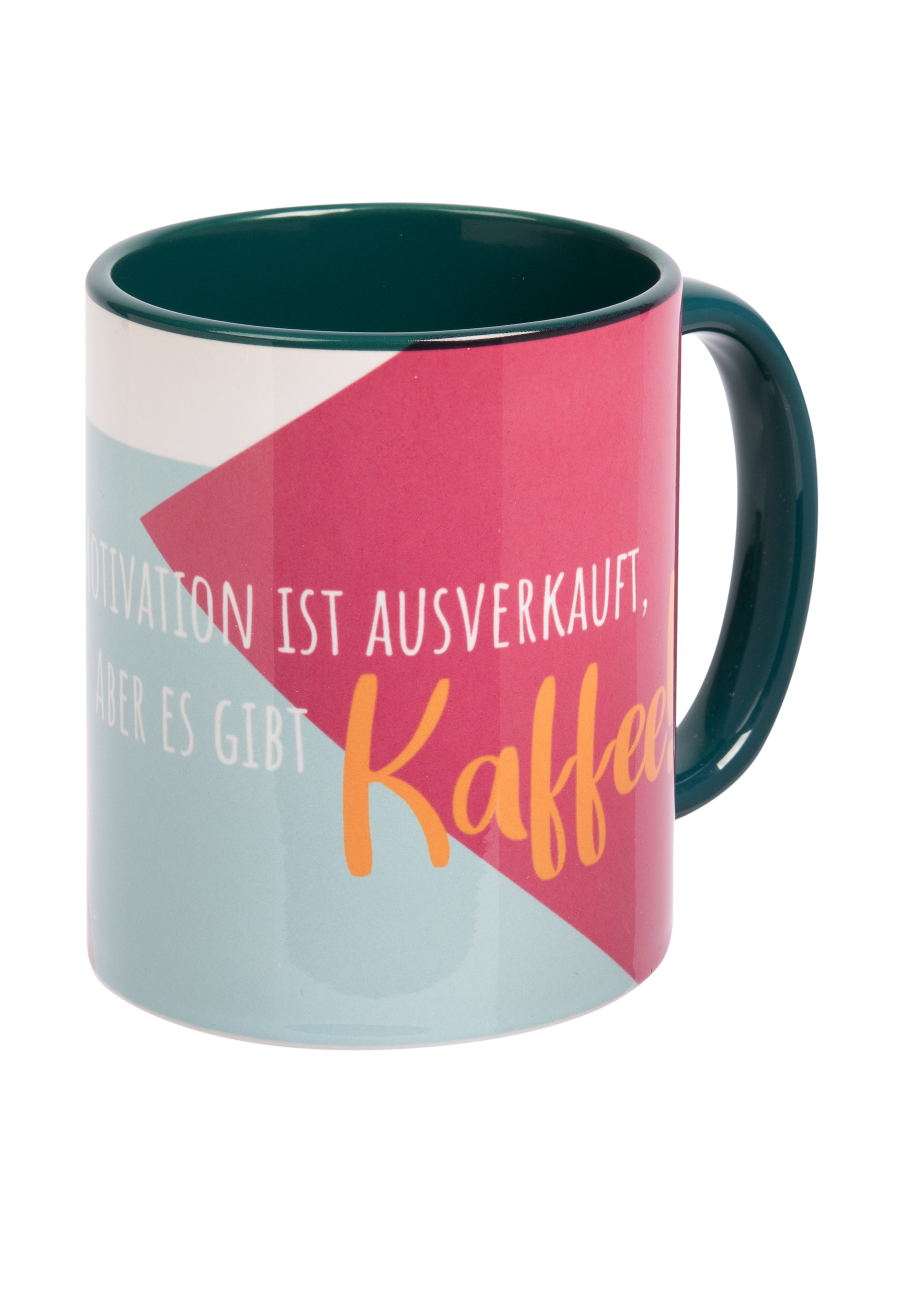 Kaffeetasse mit deutschem Text und farbenfrohem Design. Rote, blaue und grüne Farben.