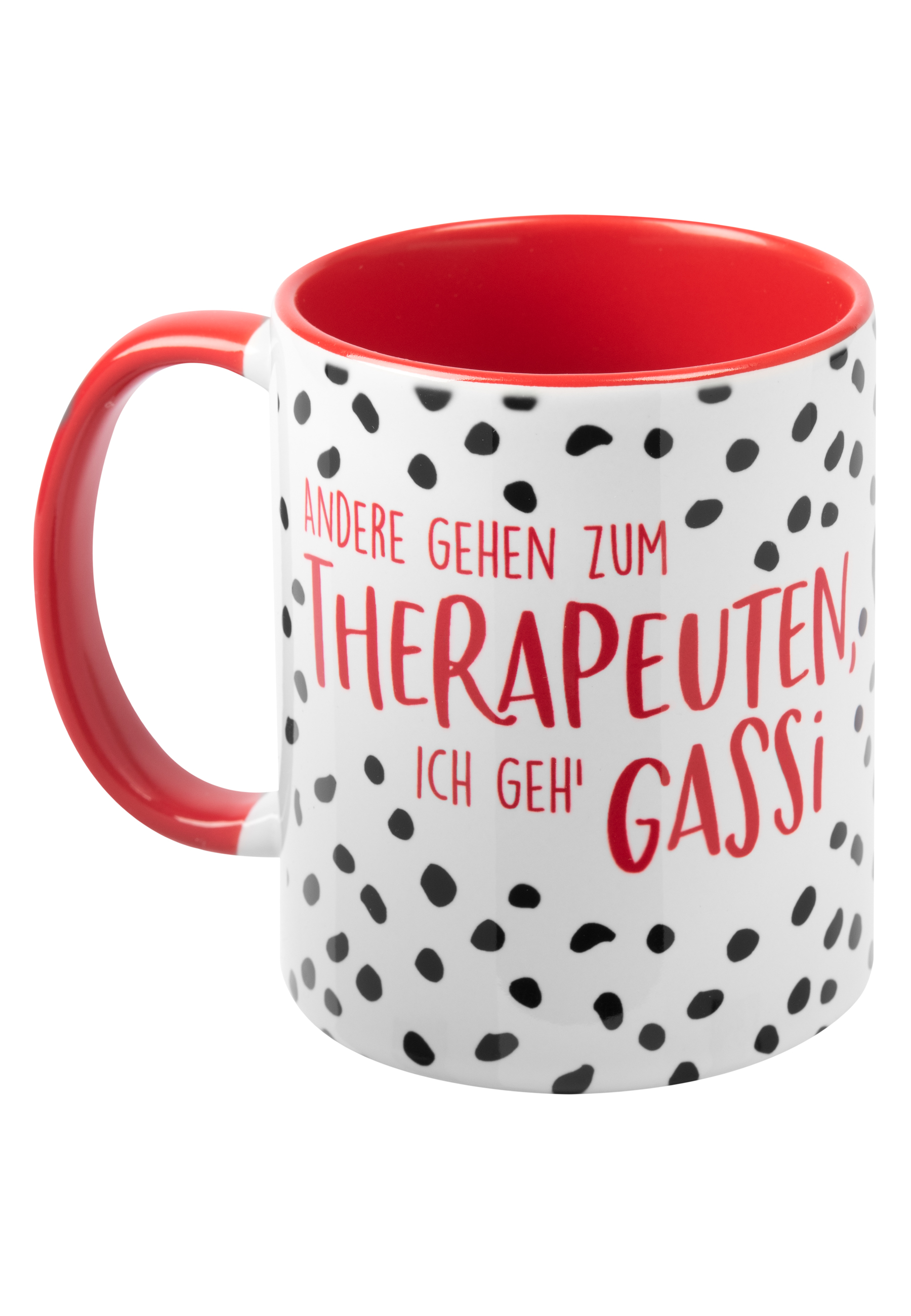 Weißer Becher mit roter Innenseite und Henkel. Der Becher hat schwarze Punkte und Text.