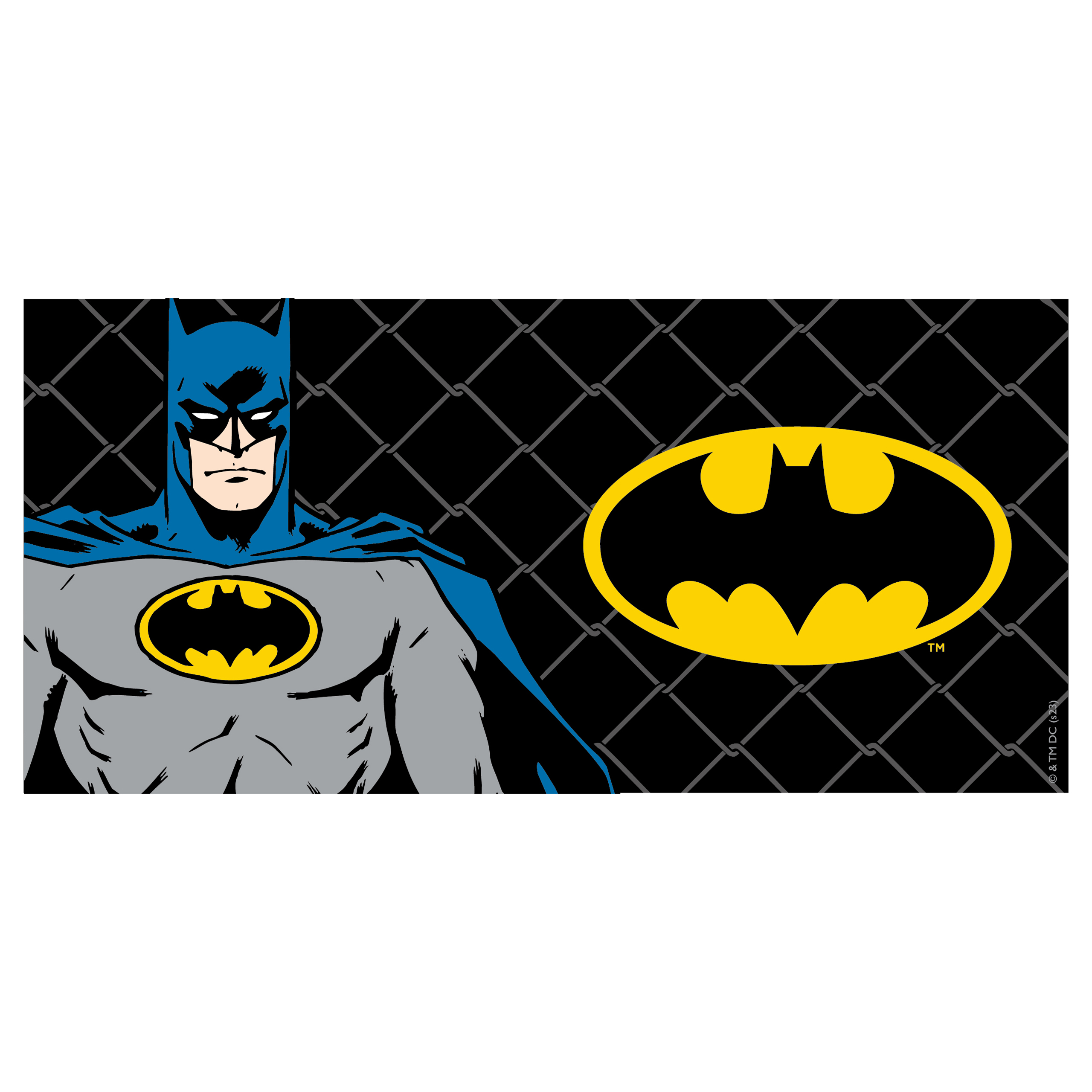 Batman vor einem Maschendrahtzaun. Das Batman-Logo befindet sich rechts auf schwarzem Hintergrund. Blaue und graue Farben.
