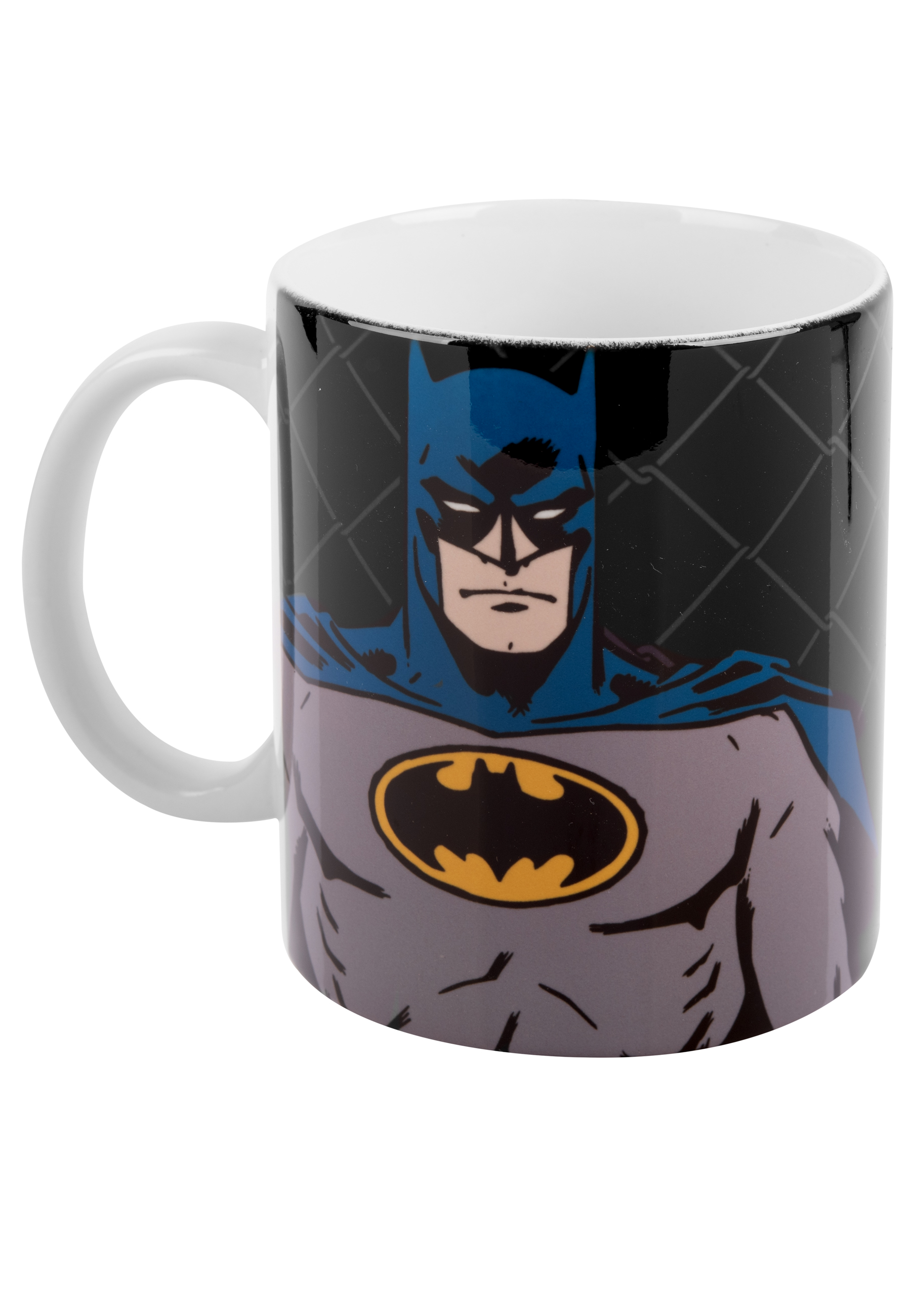 Tasse mit Batman-Illustration. Batman steht, grauer Anzug, blauer Umhang, gelbes Emblem.