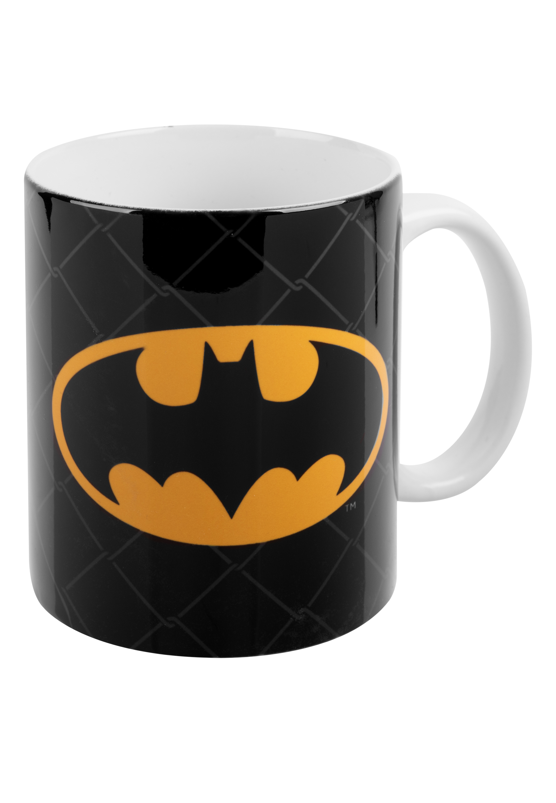 Weiße Tasse mit schwarzem Hintergrund und gelbem Batman-Logo.