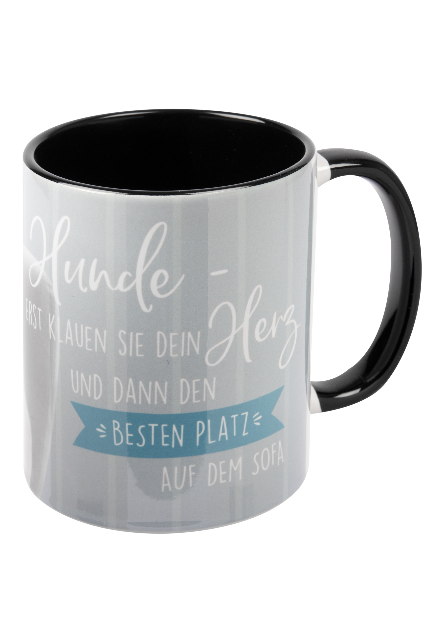 Weißer Becher mit schwarzem Griff. Deutsch: Hunde stehlen zuerst dein Herz, dann deine Couch.