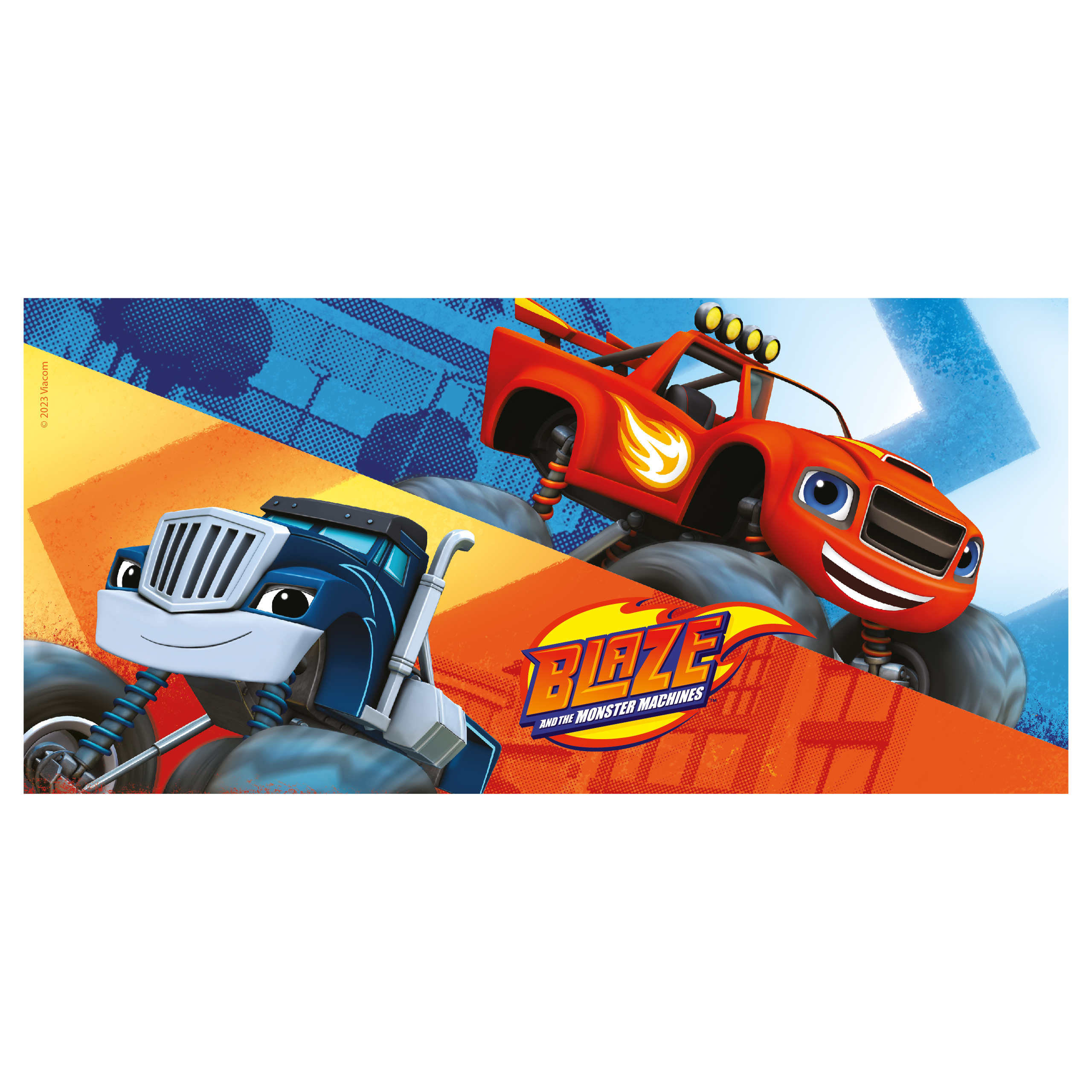 Blaze und die Monster Maschinen Bild. Ein roter Monstertruck springt. Einer in Blau ist im Vordergrund.