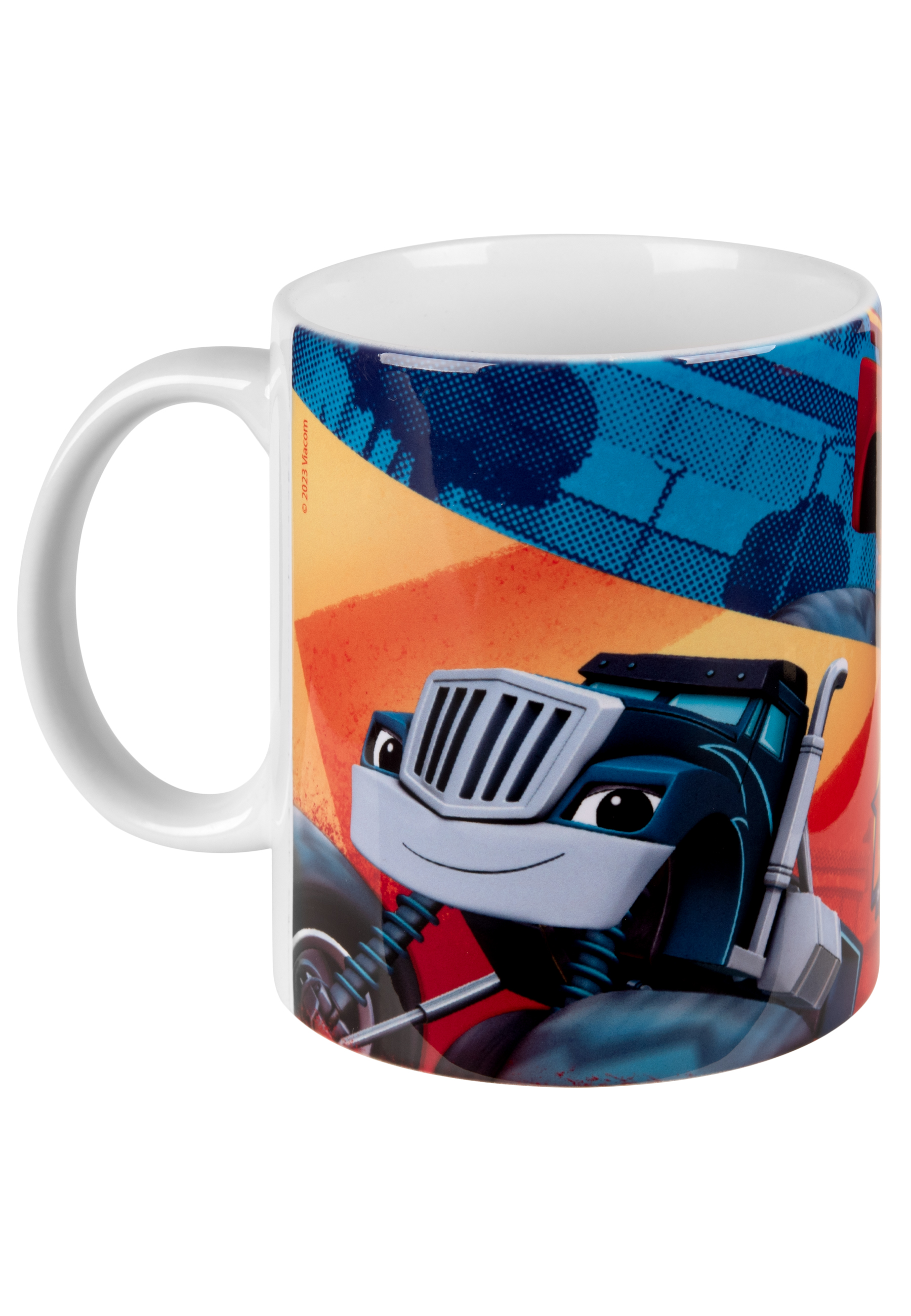 Eine Tasse mit einem Cartoon-Truck aus der Serie Blaze and the Monster Machines.