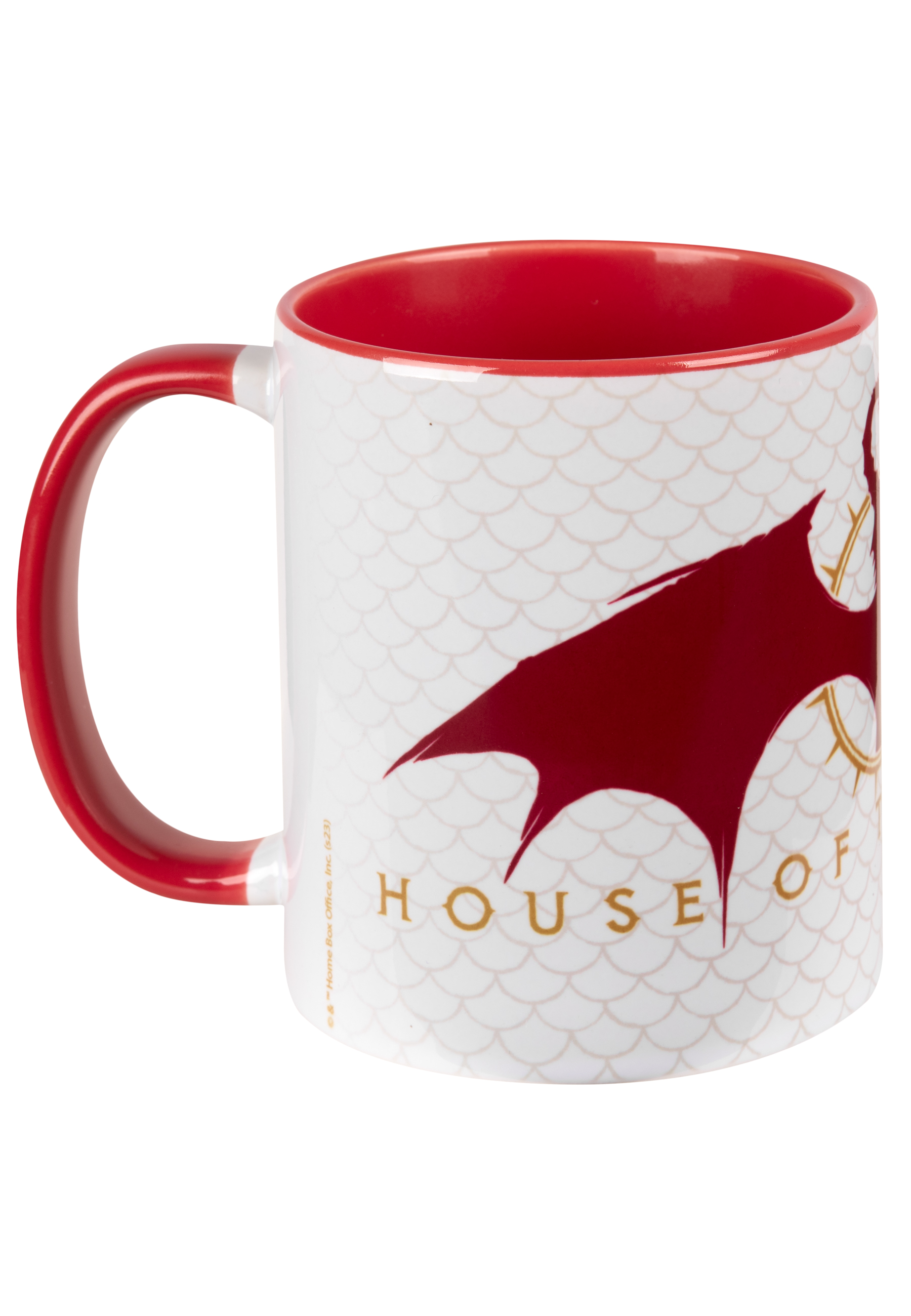 Weiße Tasse mit rotem Innenraum und Henkel. Mit rotem Drachen und 'House of' Text.
