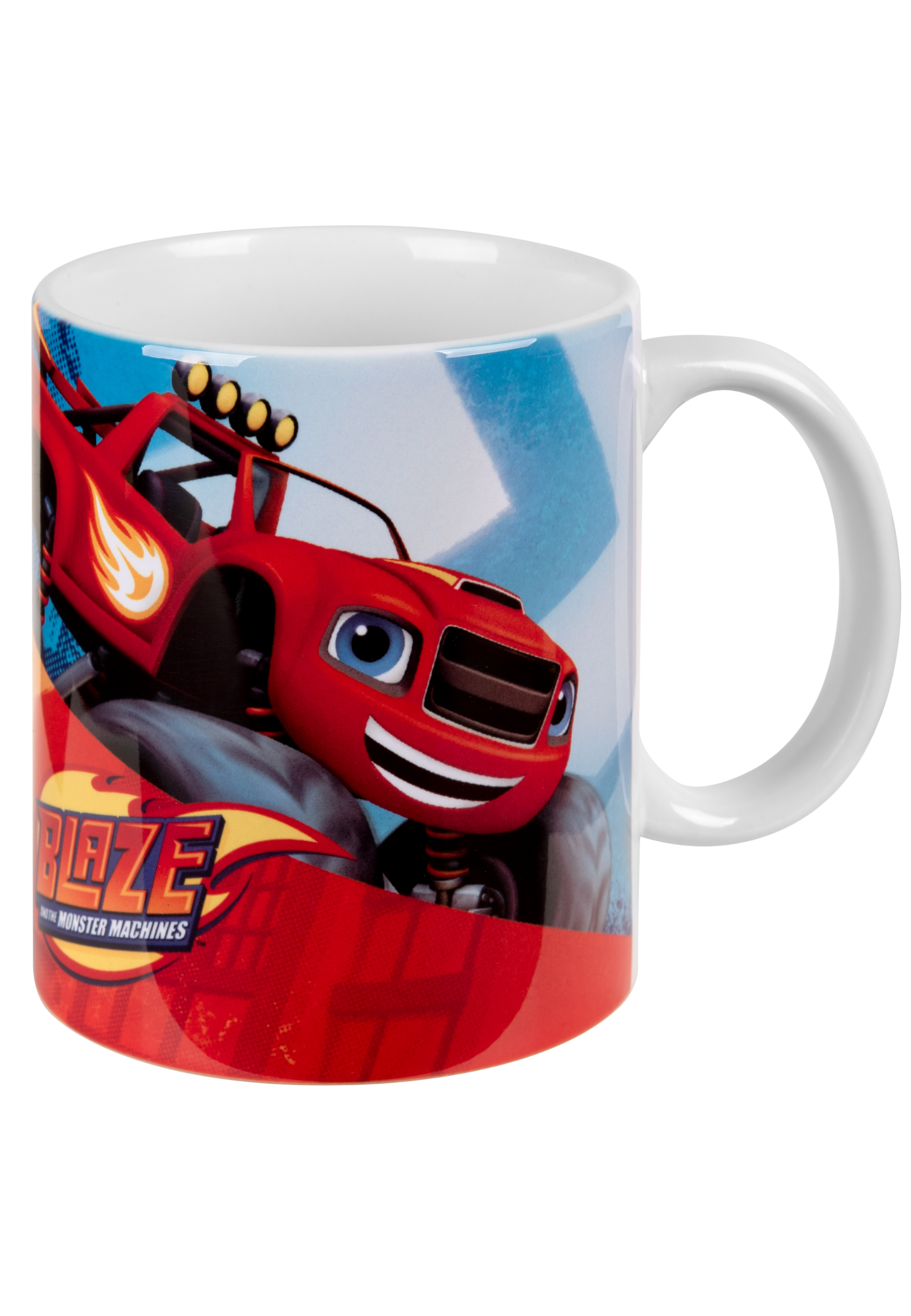 Eine weiße Tasse mit einem roten Monstertruck-Design aus dem Cartoon Blaze and the Monster Machines.
