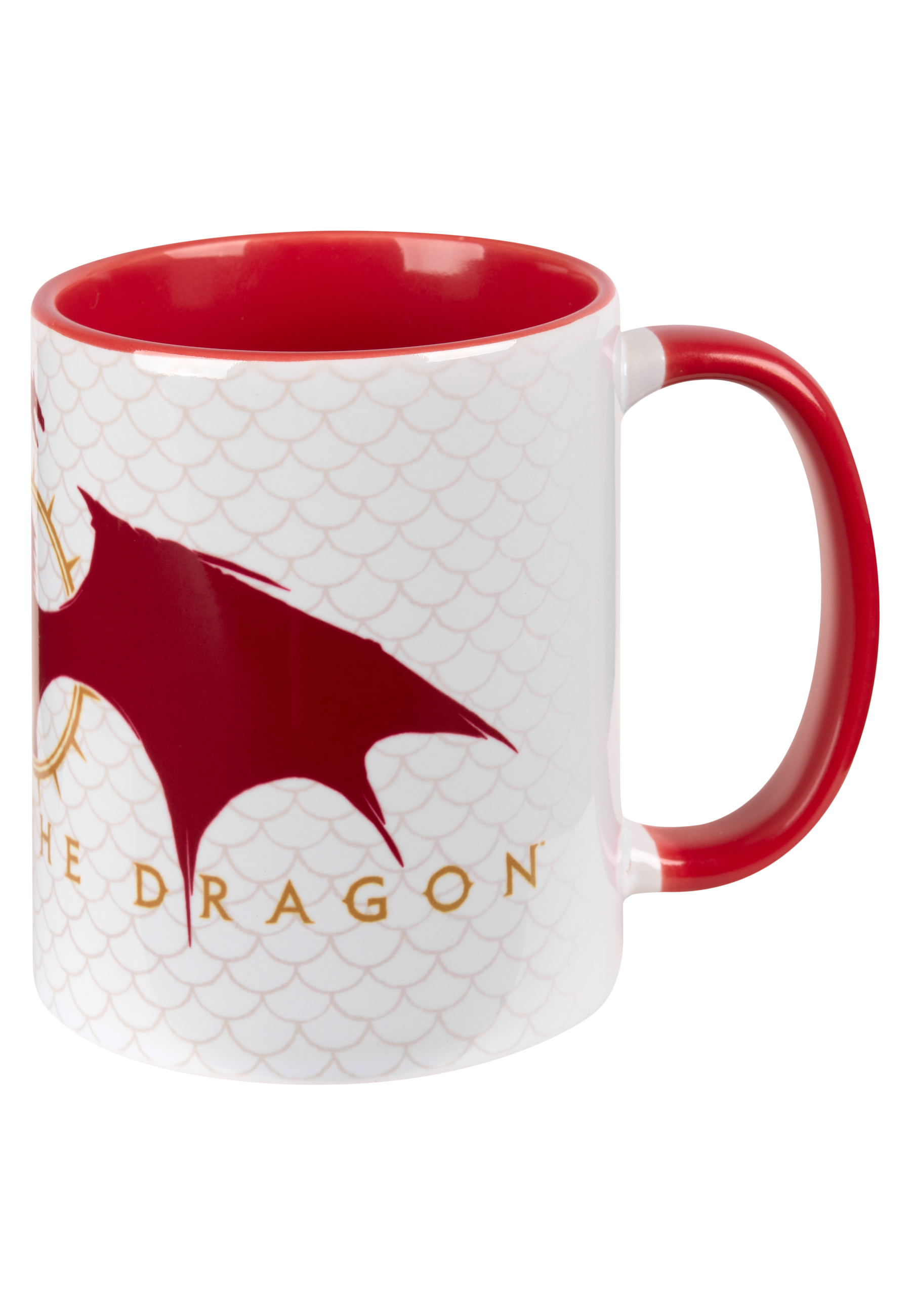 Weißer Becher mit roter Innenseite und Drachensilhouetten-Design.