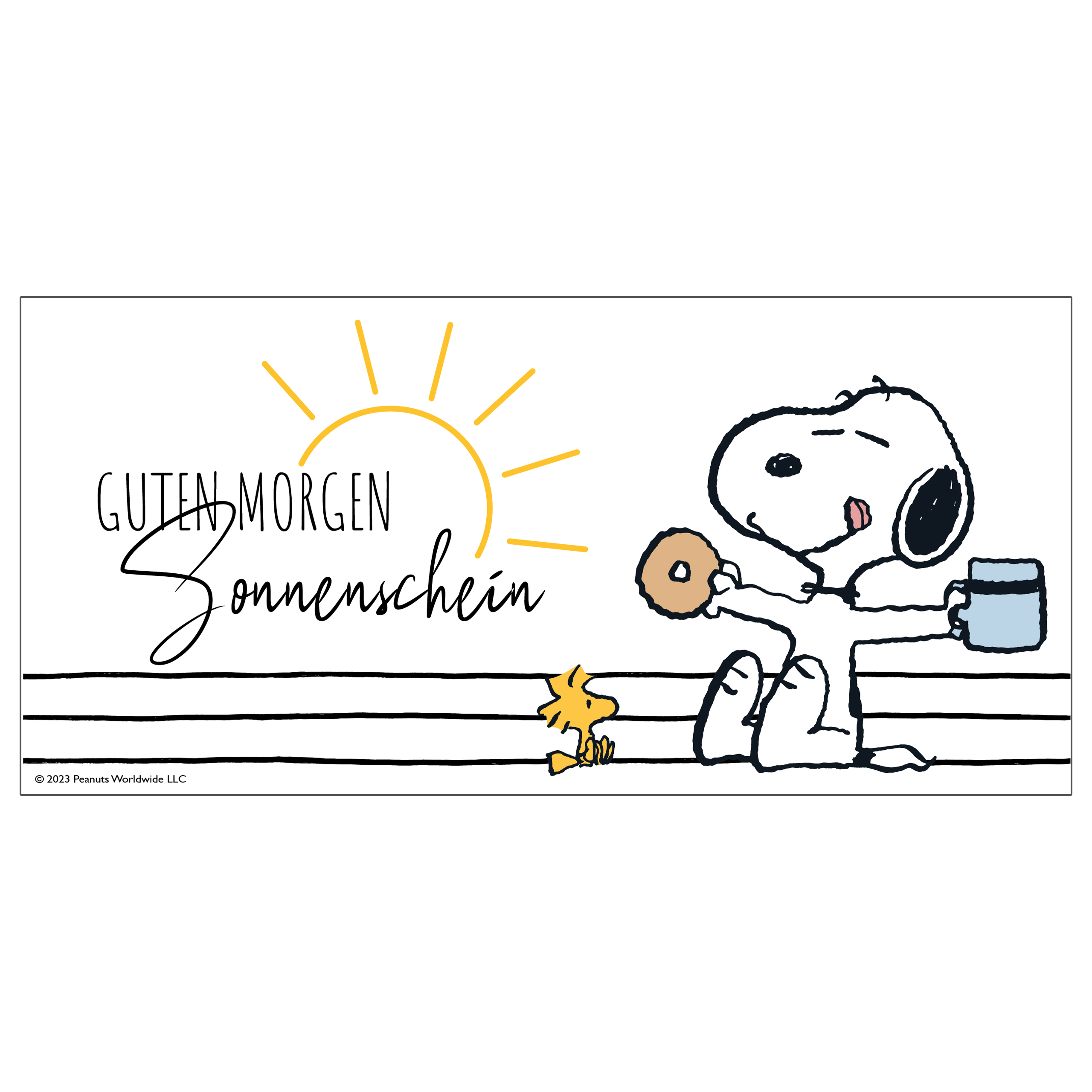 Snoopy mit Donut und Kaffee, Text 'GUTEN MORGEN SONNENSCHEIN' und gelbe Sonne.