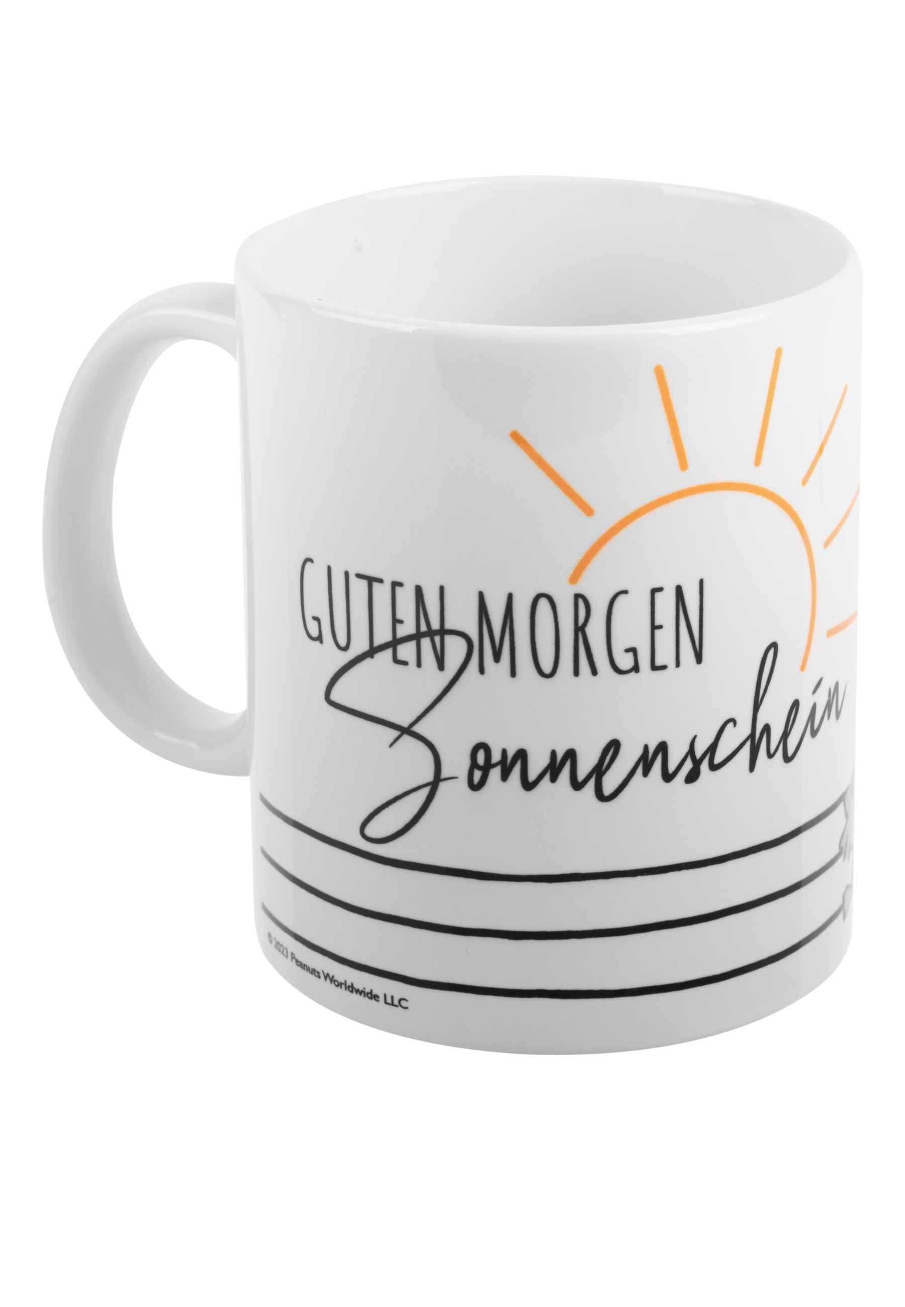 Eine weiße Tasse mit dem Text 'Guten Morgen Sonnenschein' und einem Sonnendesign.