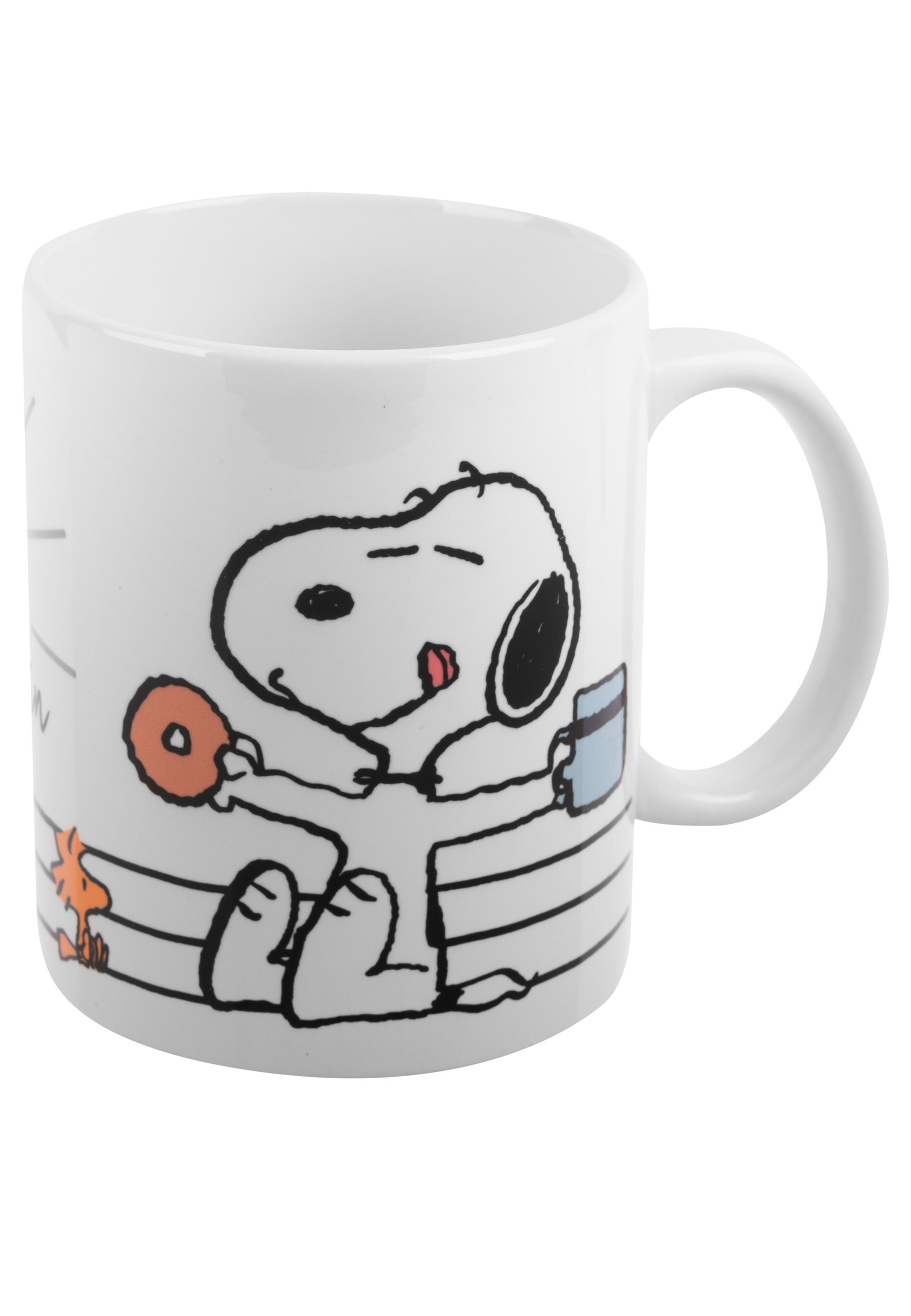 Weiße Tasse mit Snoopy, der einen Donut und eine Karte hält.