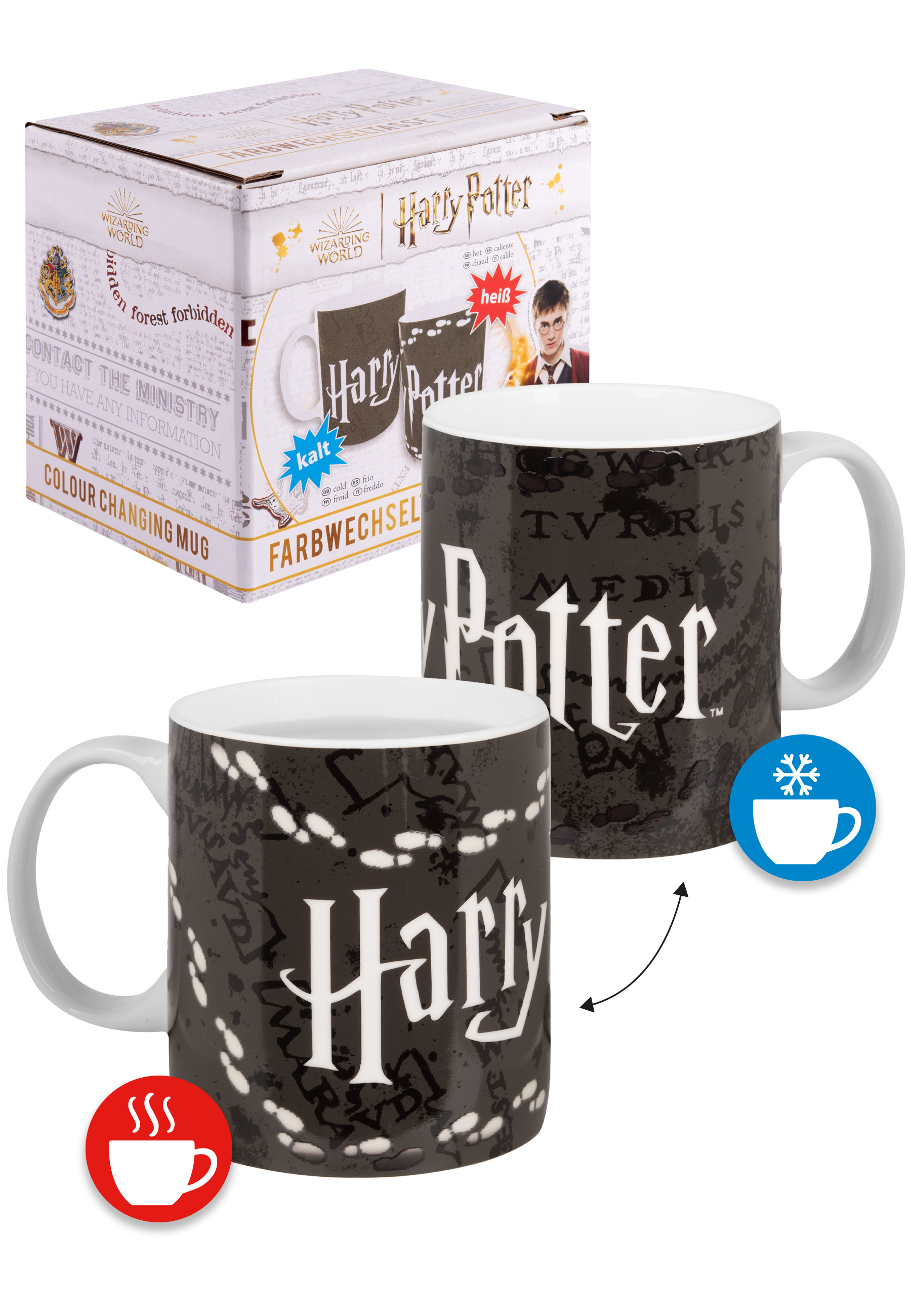 Ein Harry Potter Farbwechsel-Becher mit schwarzem Design, weißer Schrift und Fußabdrücken.