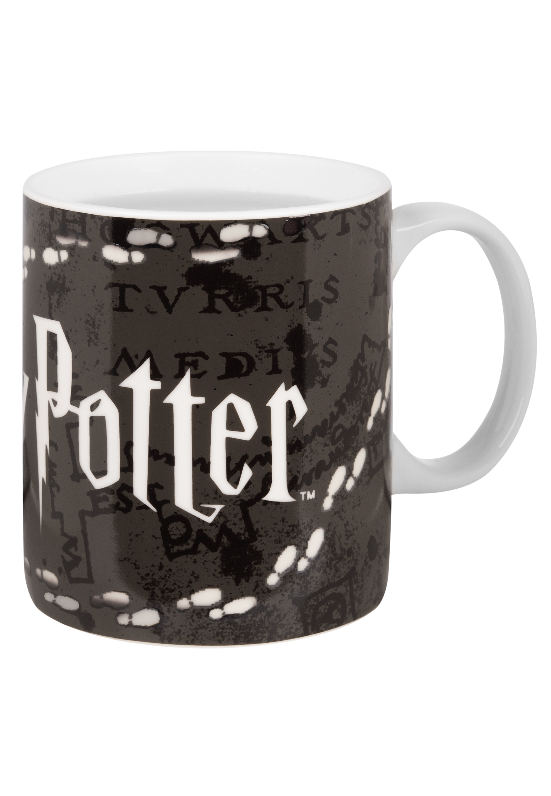 Eine weiße Tasse mit einem schwarzen Design mit 'Harry Potter' und einer Karte.