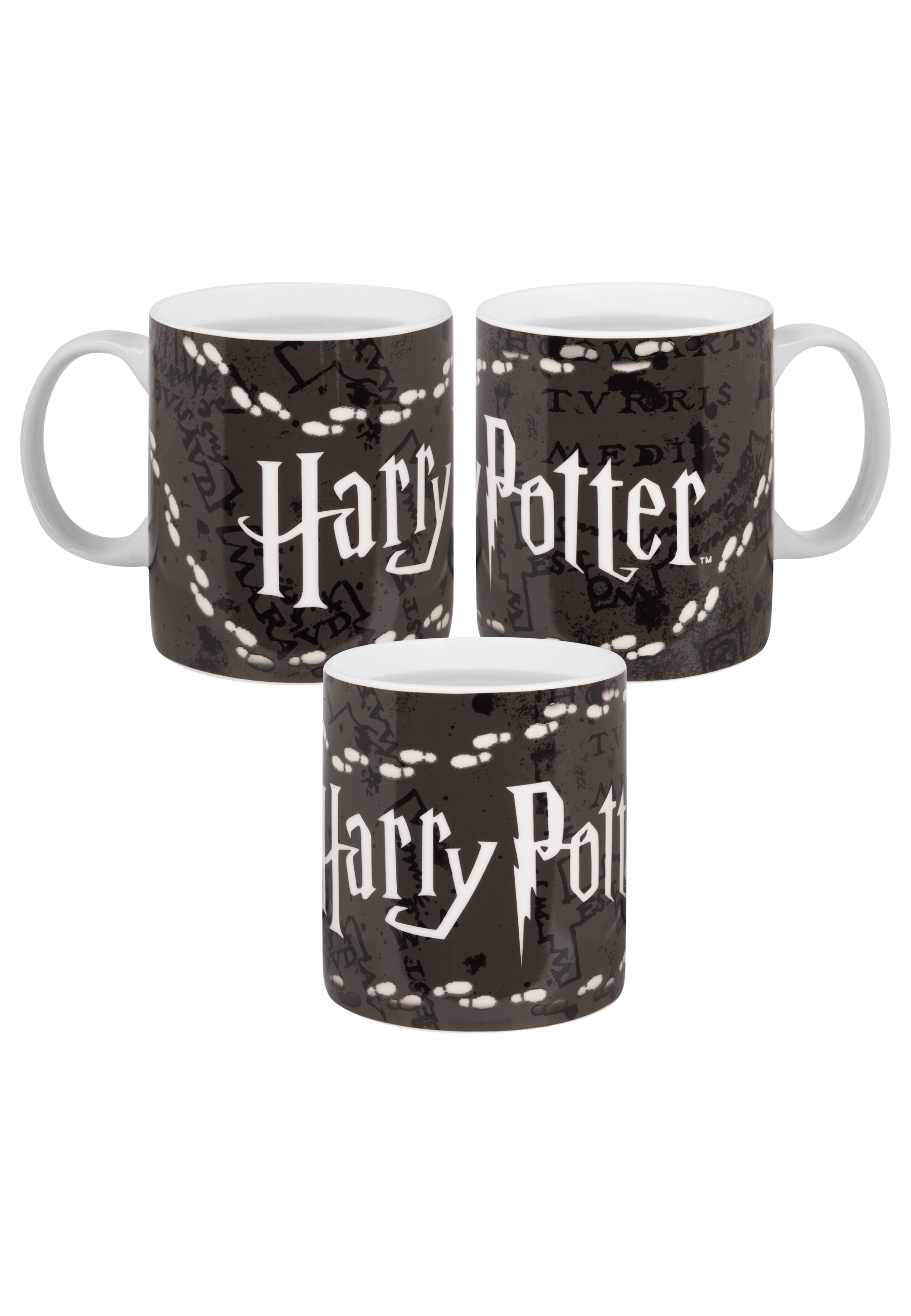 Drei schwarze Tassen mit 'Harry Potter' Text und Fußabdruck-Design werden gezeigt.