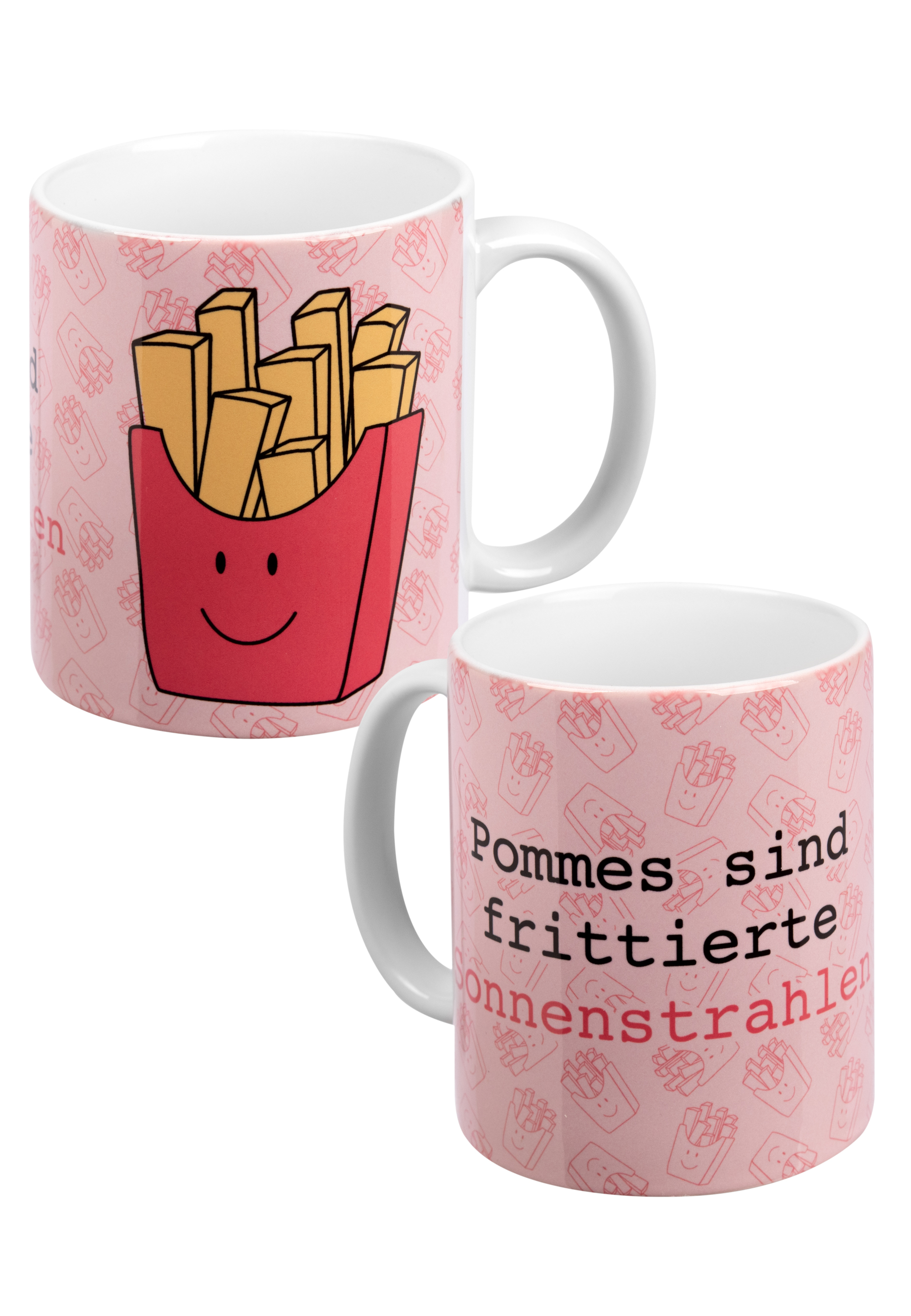 Zwei Tassen mit Pommes drauf. Auf einer Tasse steht „Pommes sind frittierte Sonnenstrahlen“.