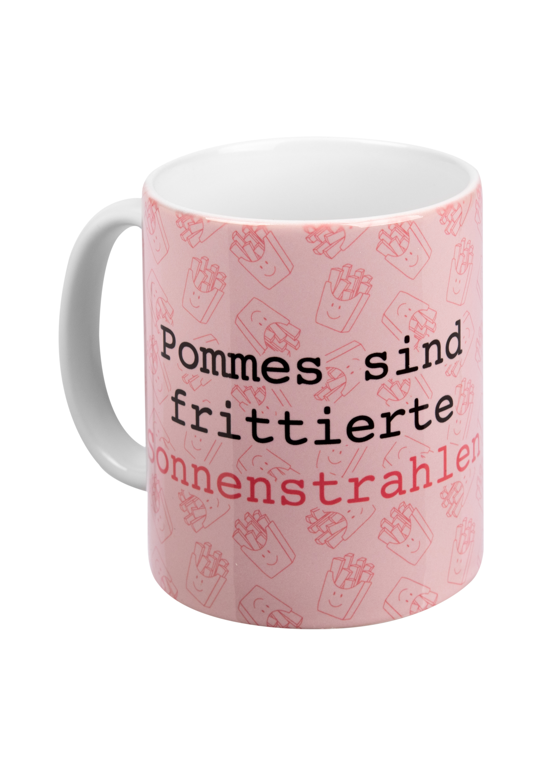 Weißer Becher mit pinkem Hintergrund und deutschem Text über Pommes.