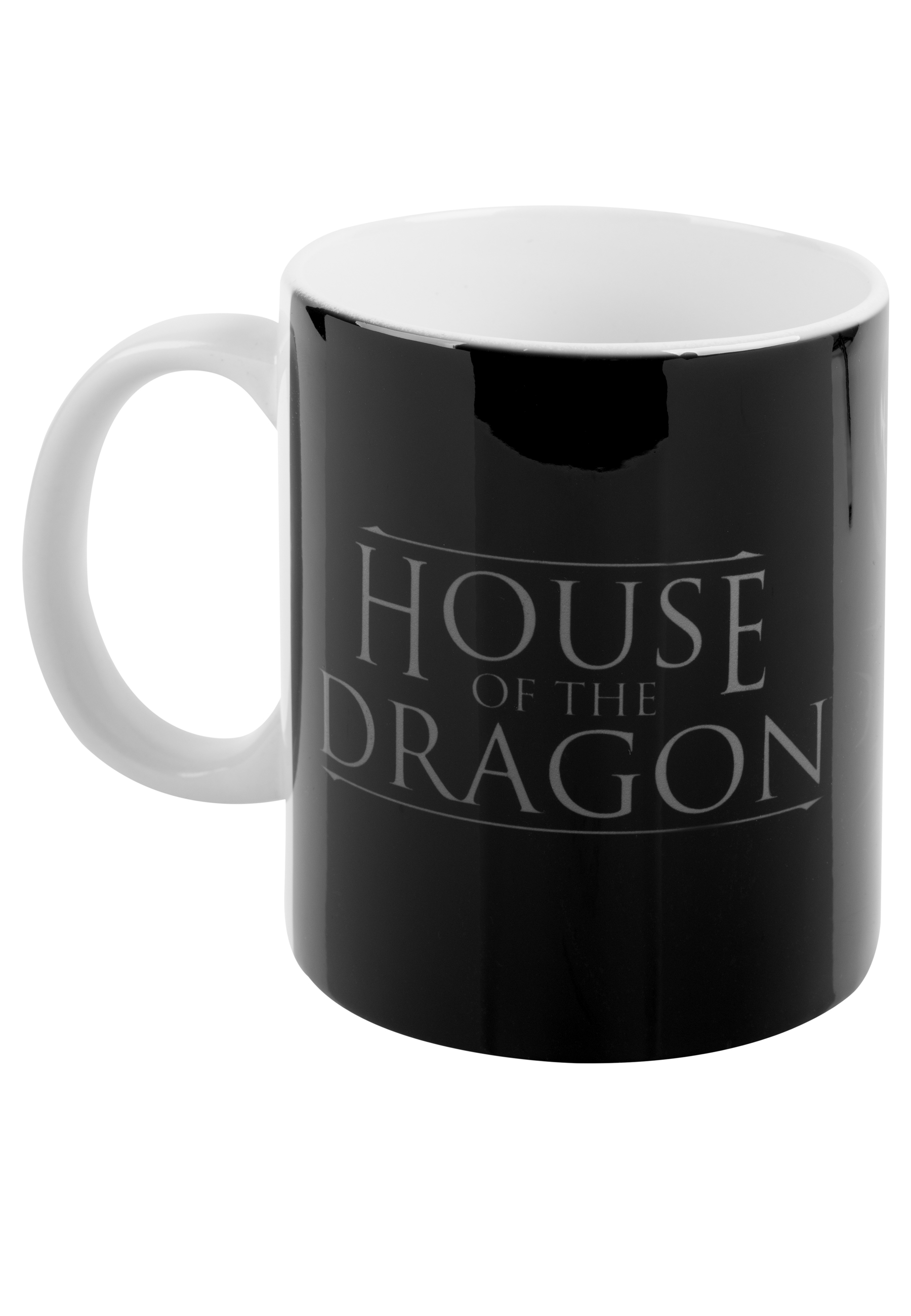 Eine schwarze Tasse mit dem Text 'HOUSE OF THE DRAGON' in grauen Buchstaben darauf.
