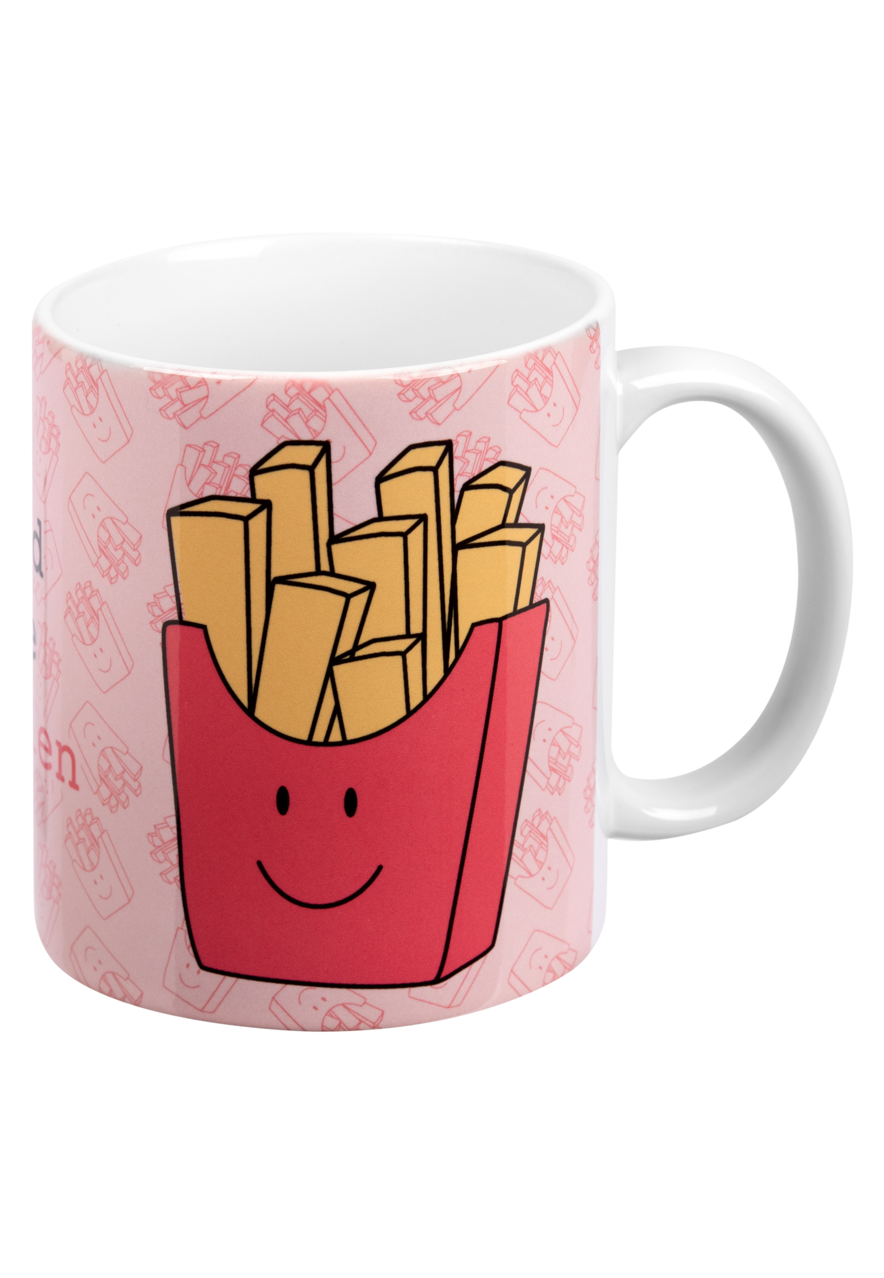 Tasse mit roter Pommes-Box und Pommes, und rosa Hintergrund, das Wort gebraten.