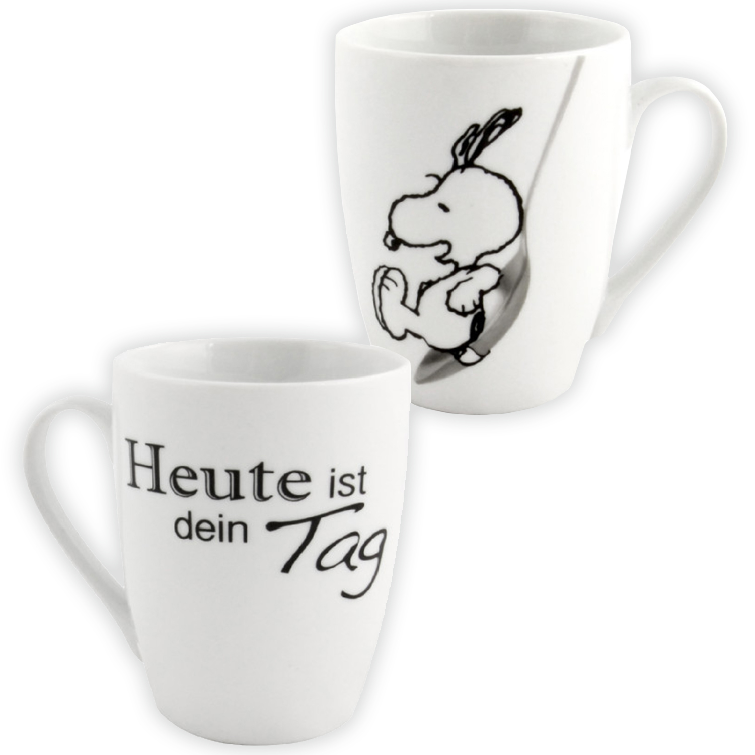Zwei weiße Tassen mit schwarzen Snoopy-Zeichnungen und Text. Eine sagt 'Heute ist dein Tag'.