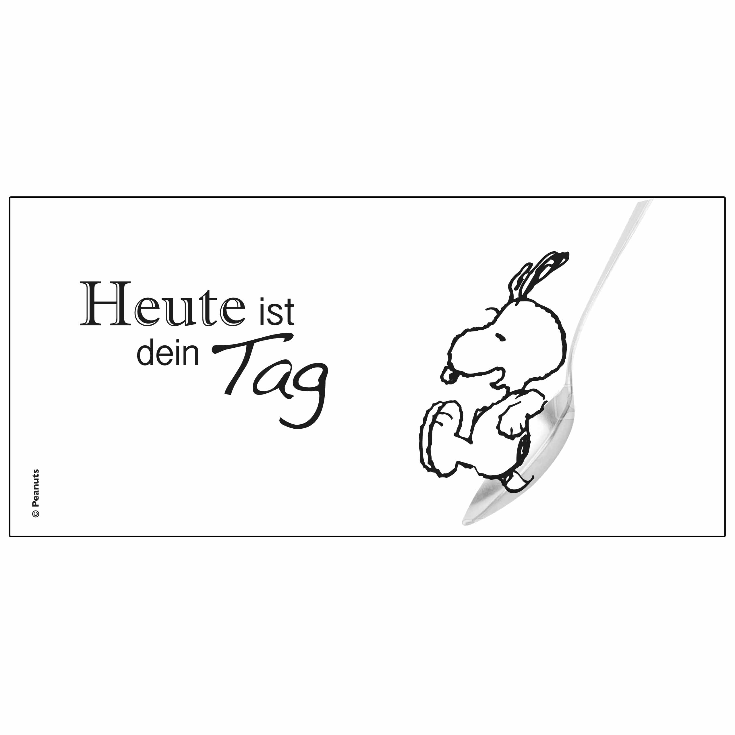 Snoopy auf einem Löffel mit deutschem Text.