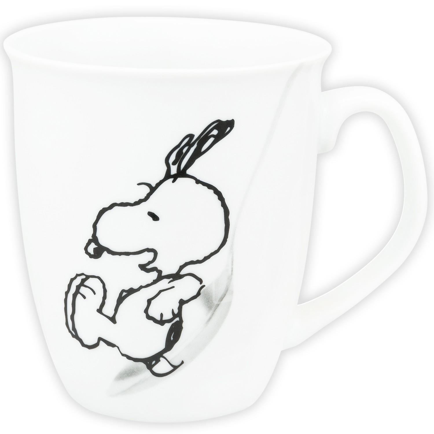 Weißer Becher mit einer Zeichnung von Snoopy, der rennt. Die Figur ist schwarz umrandet.