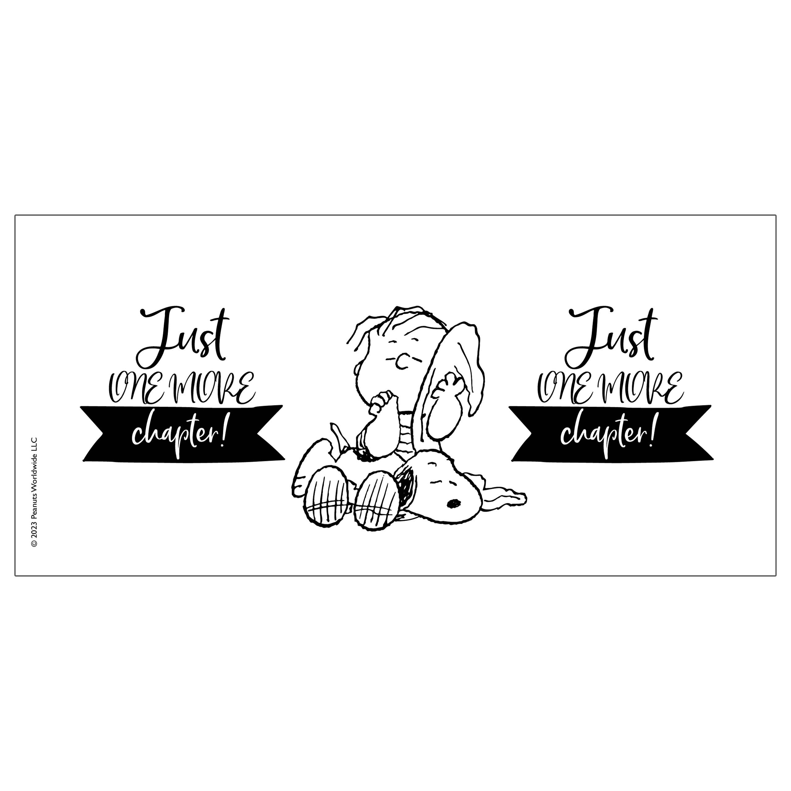 Weißes rechteckiges Design mit Snoopy und Charlie Brown, Text: 'Just one more chapter!'