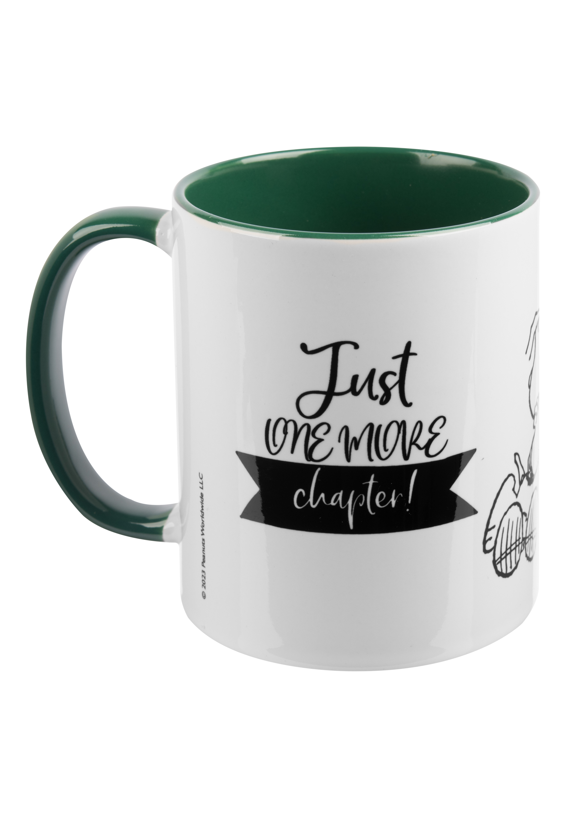 Weiße Tasse. Mit Snoopy-Bild und Text: Nur noch ein Kapitel!