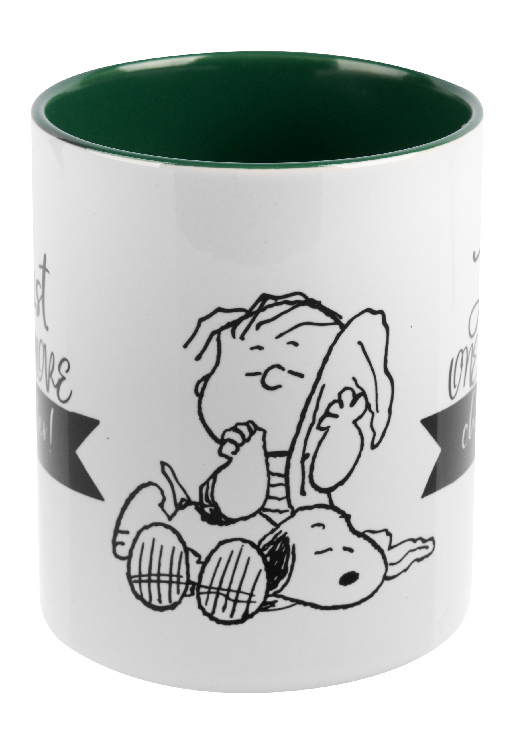 Tasse mit Snoopy und Woodstock. Snoopy liegt, Woodstock sitzt darauf.