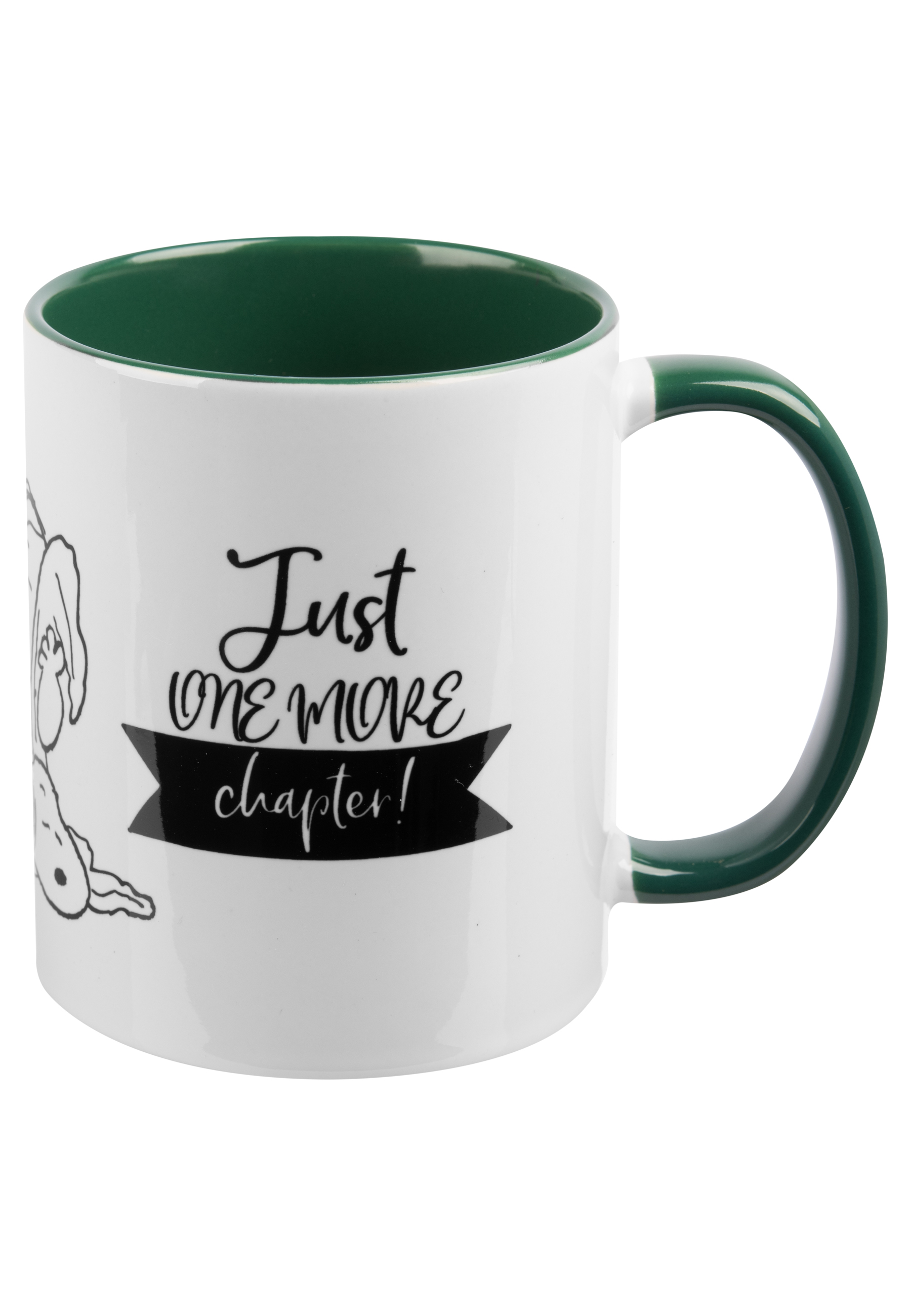 Eine weiße Tasse mit grünem Griff und Innenseite, mit Snoopy und dem Text: Nur noch ein Kapitel!