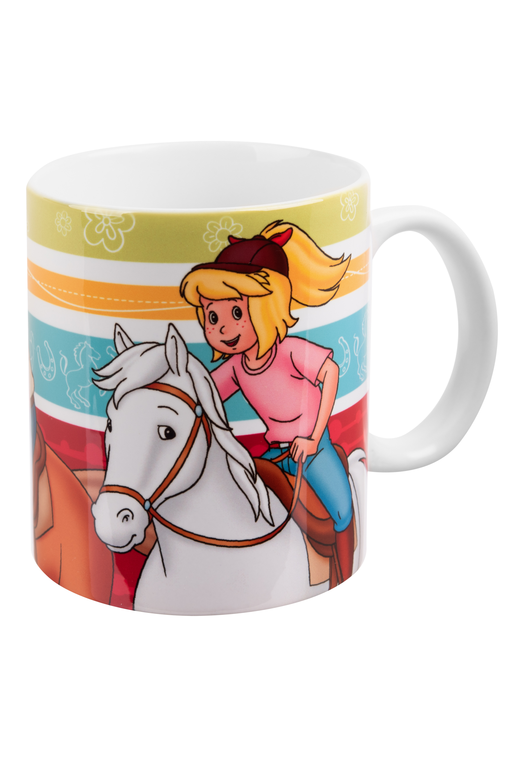 Eine weiße Tasse mit einem Cartoon-Mädchen, das ein weißes Pferd reitet. Die Tasse ist mit Streifen und Blumen verziert.