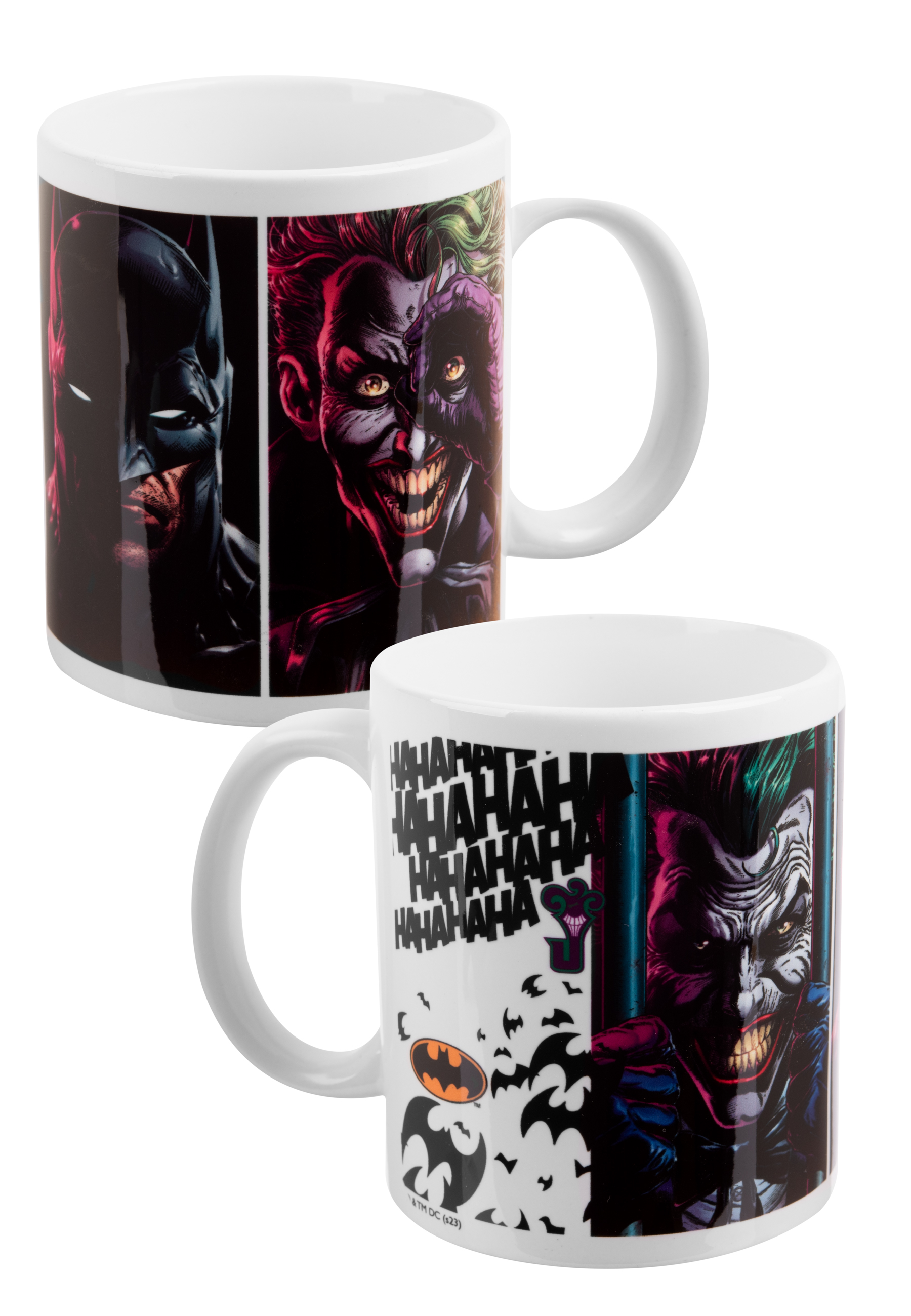 Zwei weiße Tassen mit Batman und Joker. Eine Tasse hat ein Joker-Thema.