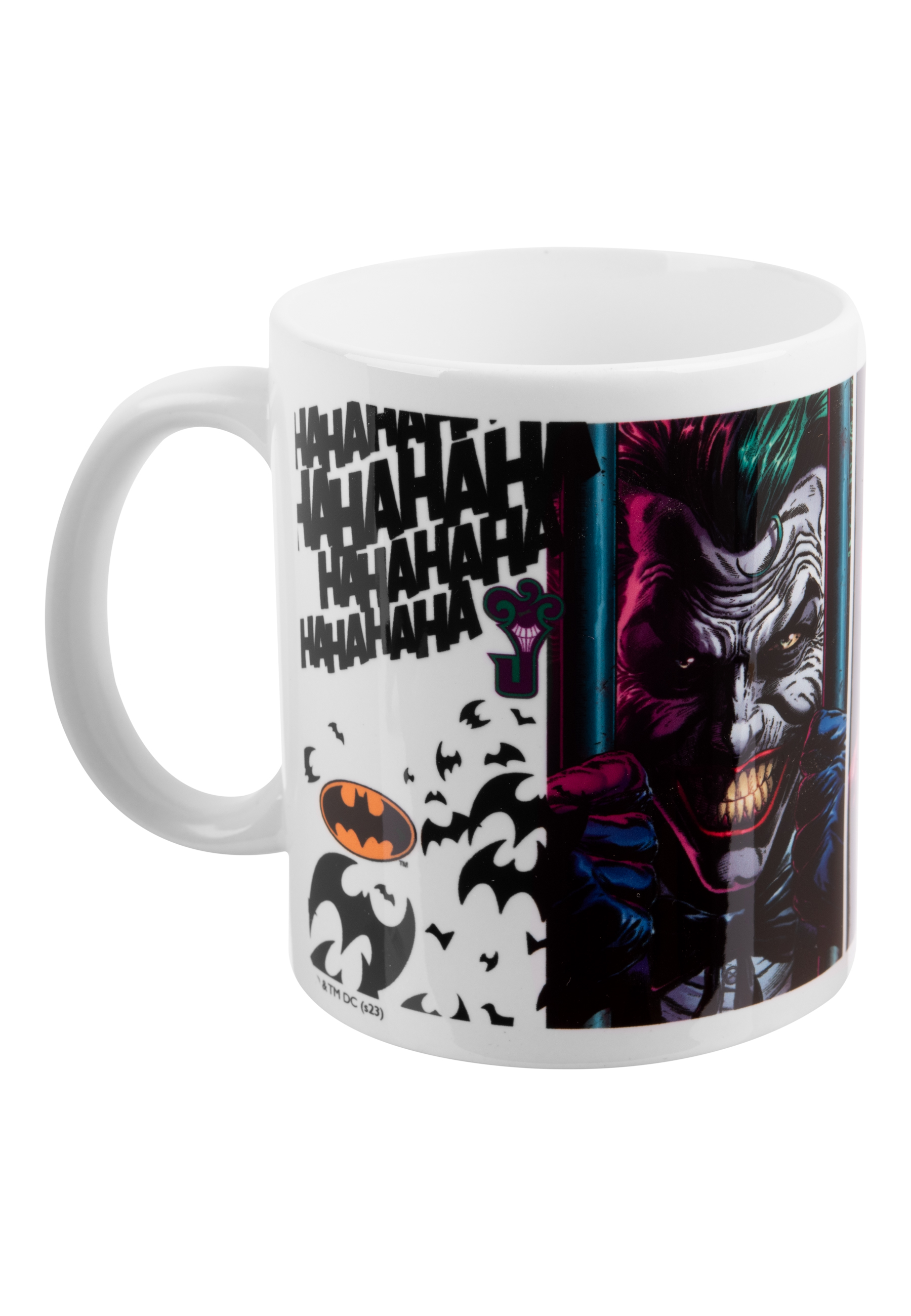 Weiße Tasse mit dem Joker. Die Hälfte ist das Gesicht des Jokers, die andere Hälfte hat