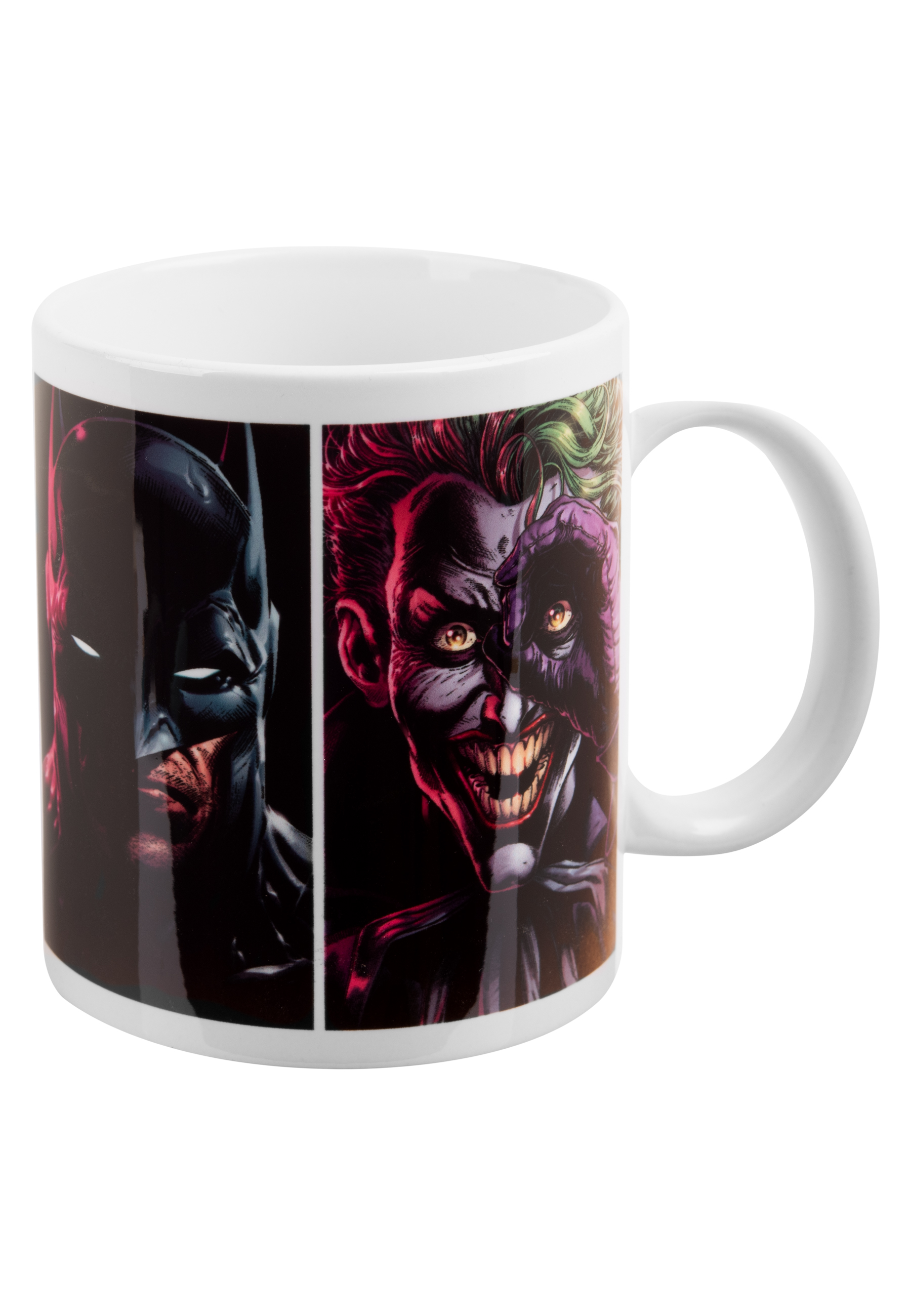 Weißer Becher mit Batman- und Joker-Bildern. Batman ist links und Joker rechts.