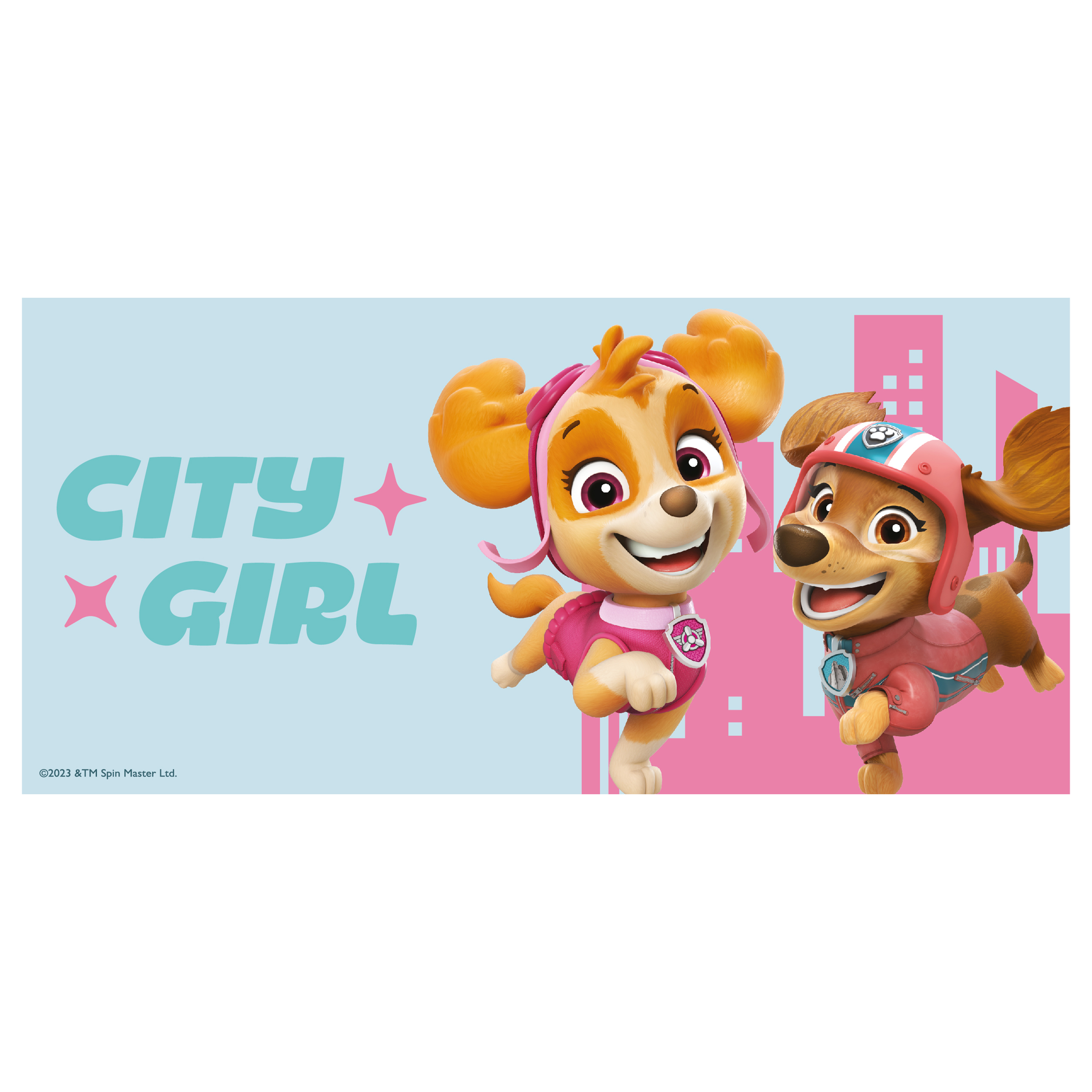 Zwei Zeichentrickhunde in rosa und orangefarbenen Outfits mit den Worten "CITY GIRL" in Türkis.