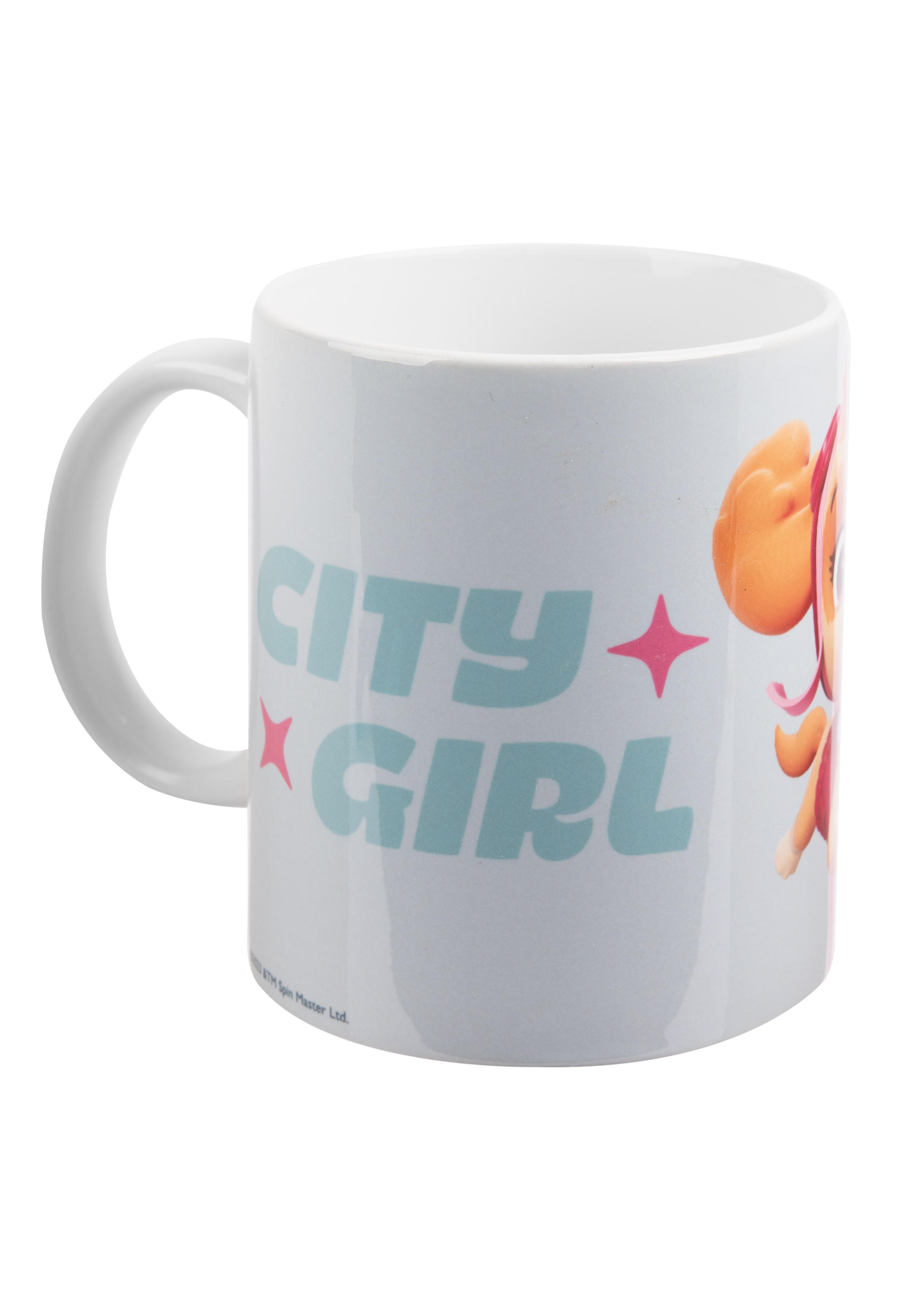Eine weiße Tasse mit einer Cartoonfigur darauf. Die Figur ist ein Hund. Text: 'City Girl'.