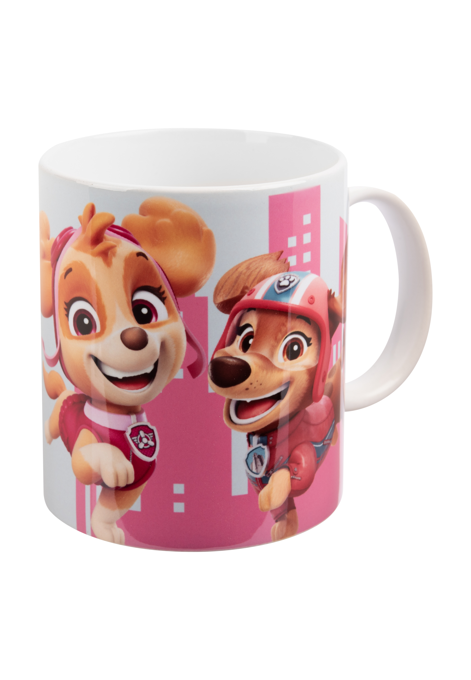 Eine weiße Tasse mit zwei Zeichentrickhunden, einer mit Helm und Jacke.