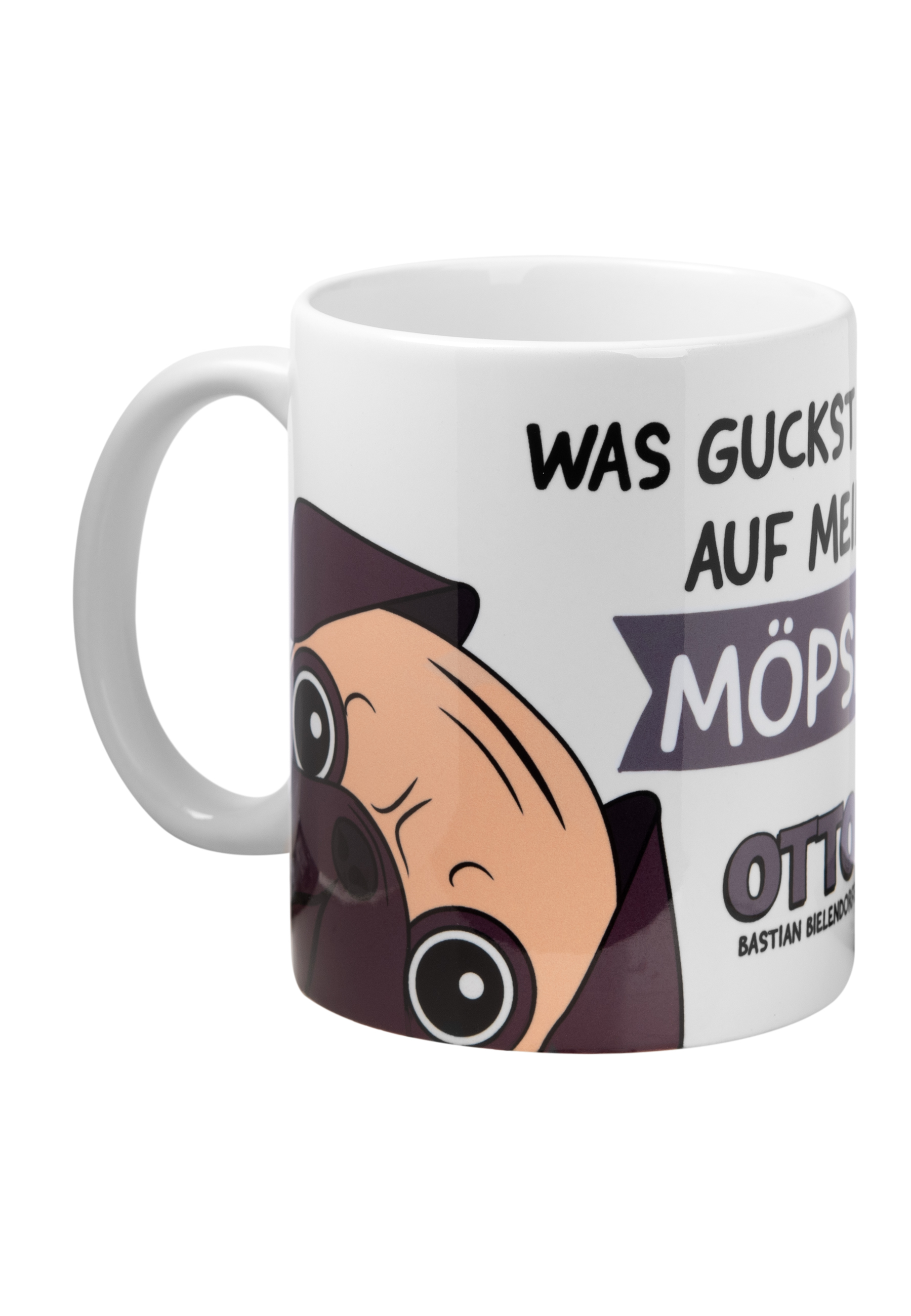 Becher mit Möpse-Gesicht, Text: 'WAS GUCKST DU AUF MEIN MÖPSCHEN?'.