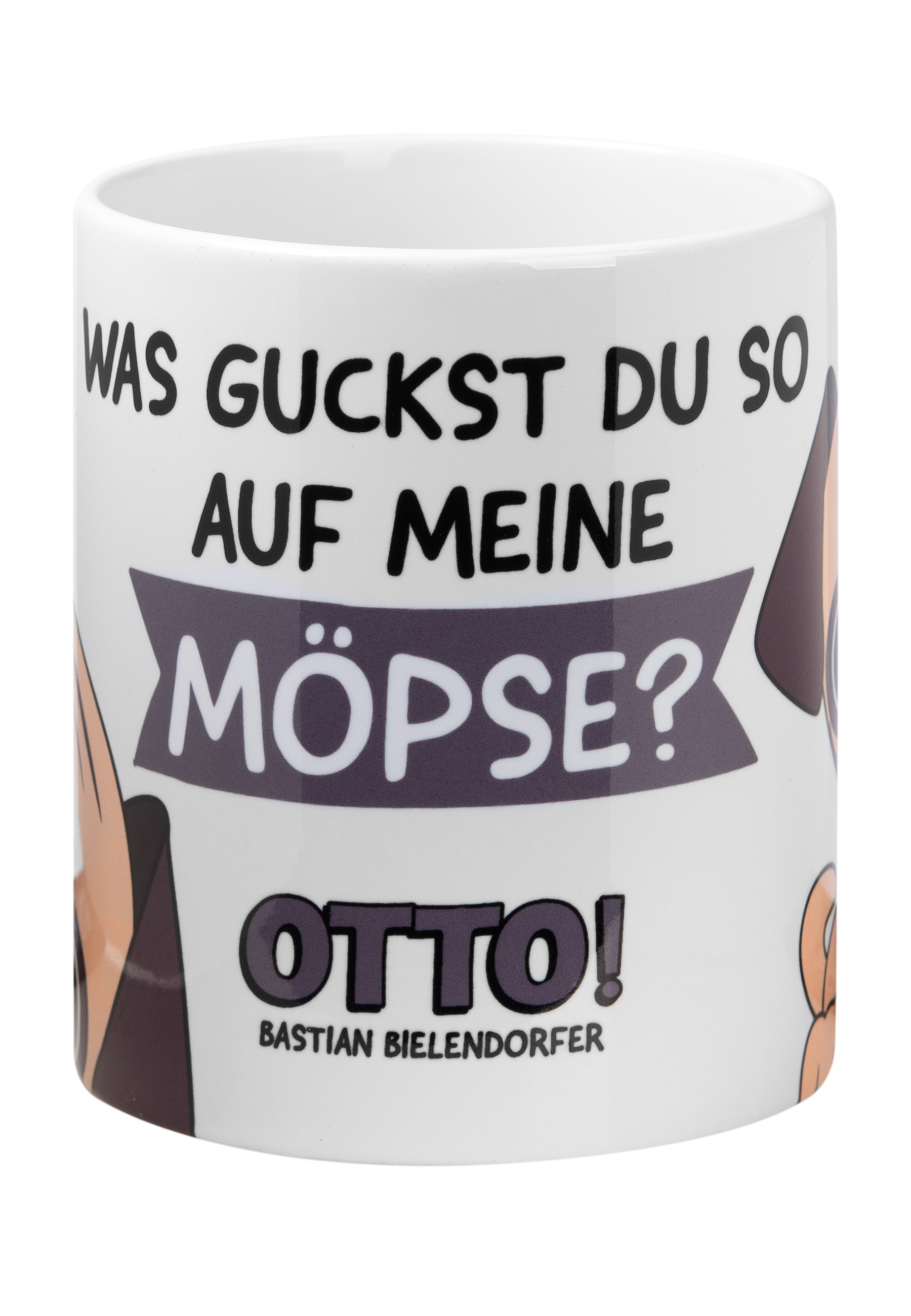 Eine weiße Tasse mit Cartoon-Bildern von Hunden und dem Text 'WAS GUCKST DU SO AUF MEINE MÖPSE?'