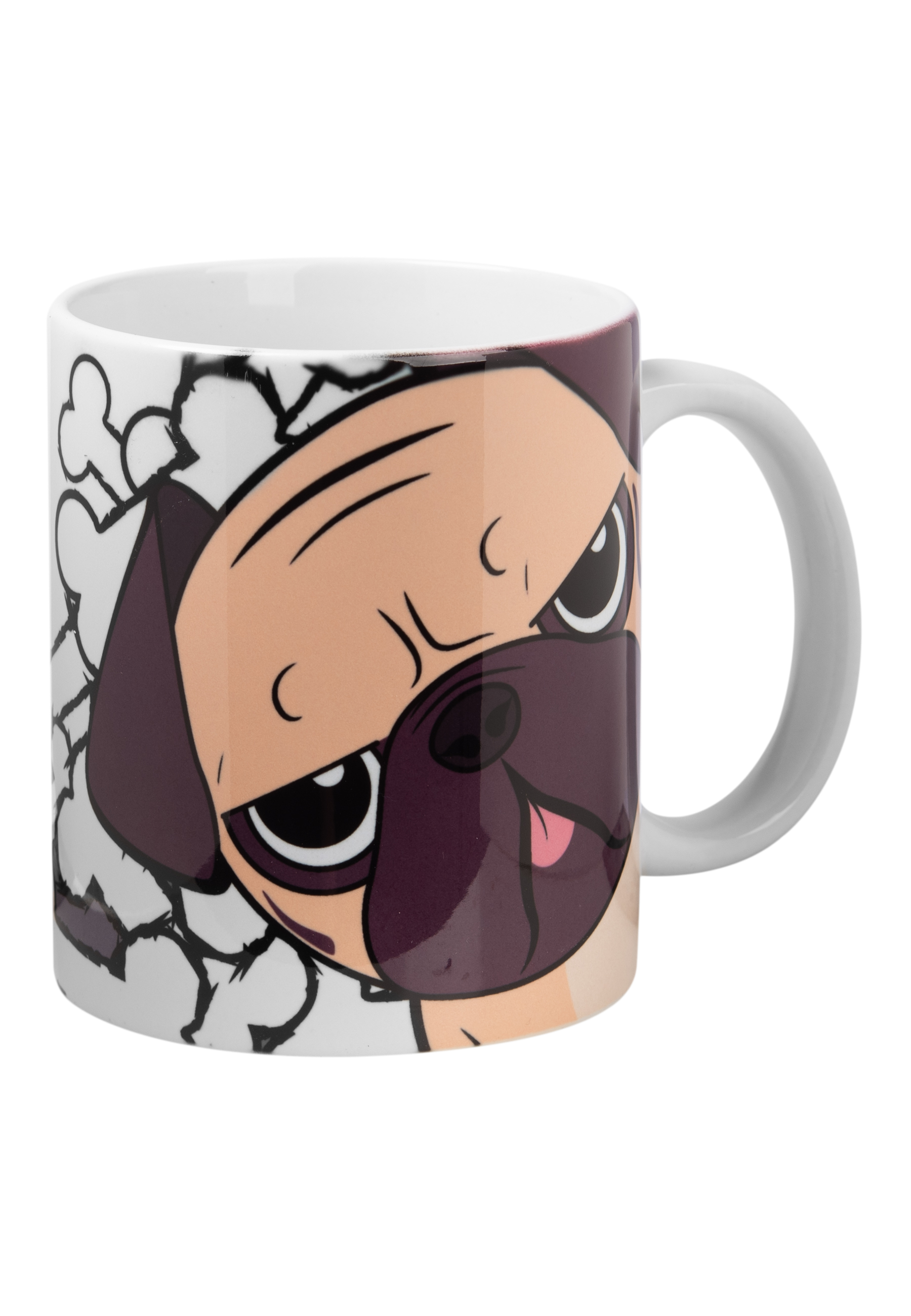 Eine weiße Tasse mit einem Cartoon-Mopsgesicht und Knochendesigns darum herum.