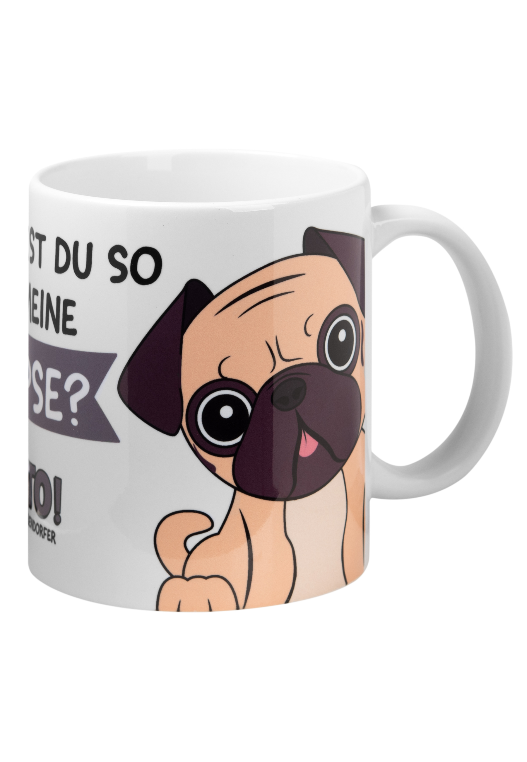 Kaffeetasse mit Mops und Text. Der Mops ist hellbraun, der Hintergrund weiß.