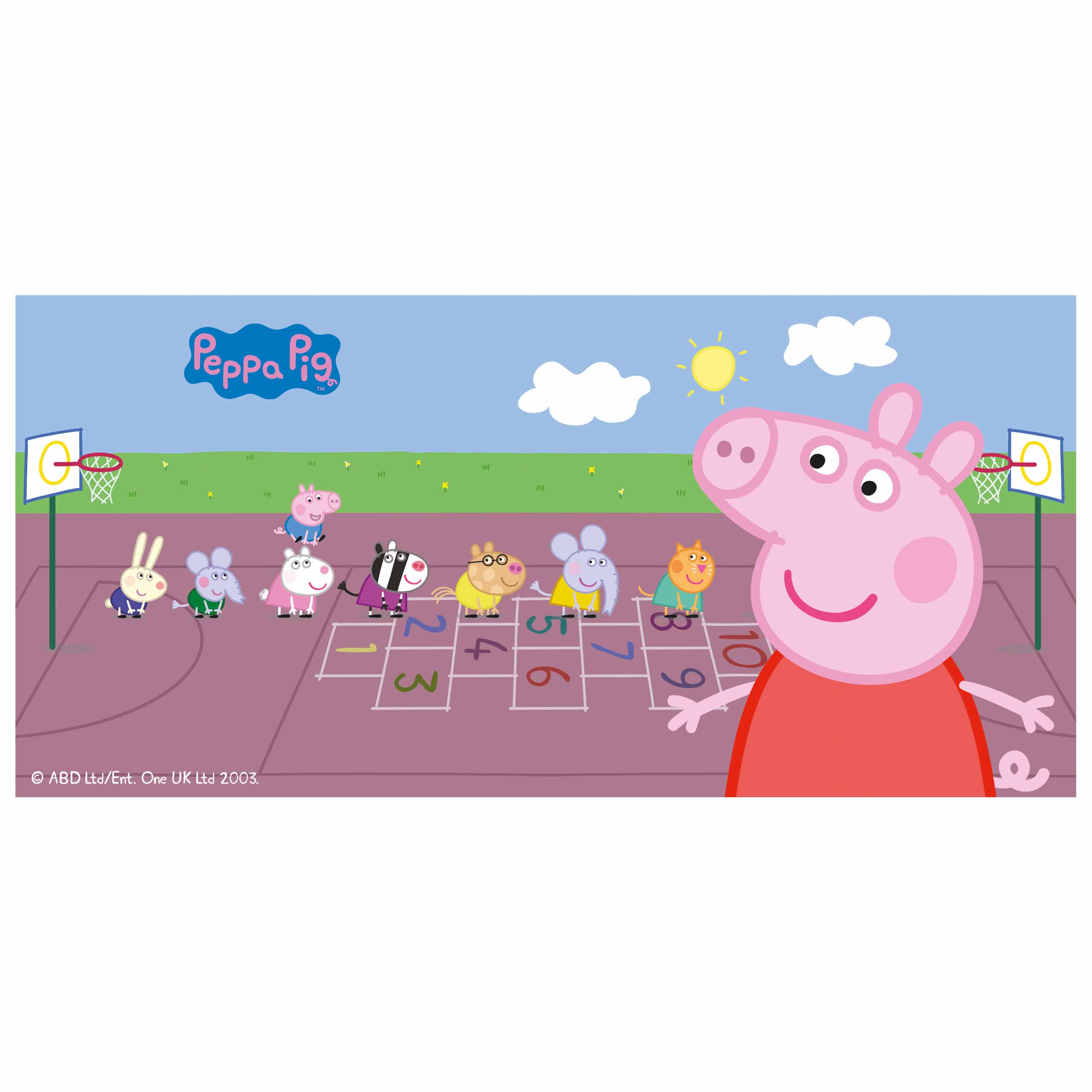 Peppa Wutz und Freunde spielen Hüpfspiel auf einem Platz, mit Basketballkörben.