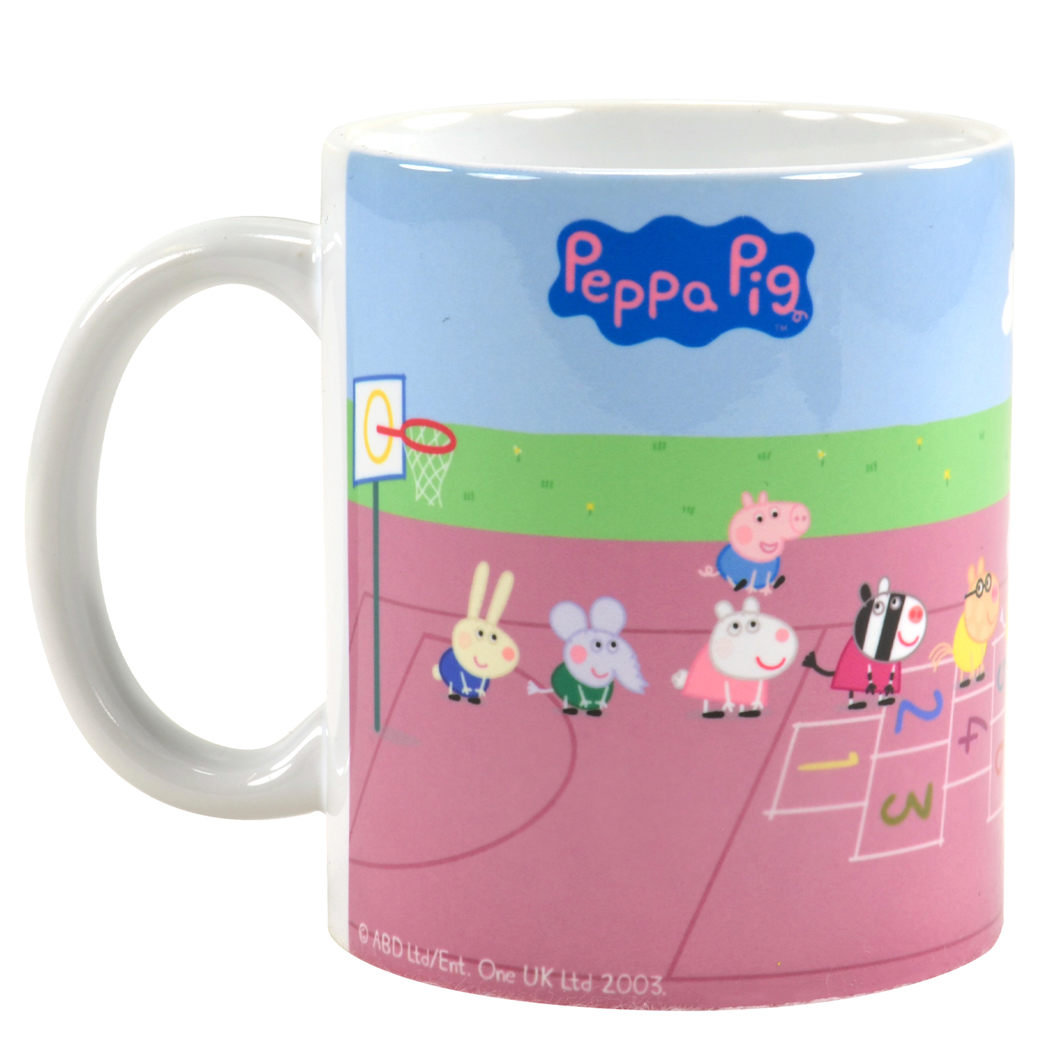 Eine Peppa Wutz Tasse zeigt die Zeichentrickfiguren auf einem rosa und blauen Hintergrund.