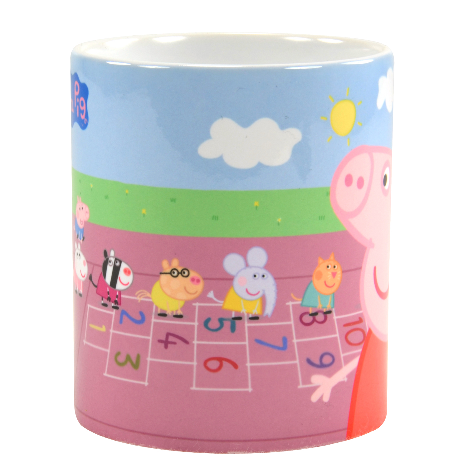 Eine Tasse mit den Peppa Wutz-Figuren darauf. Die Tasse hat einen rosa und blauen Hintergrund.