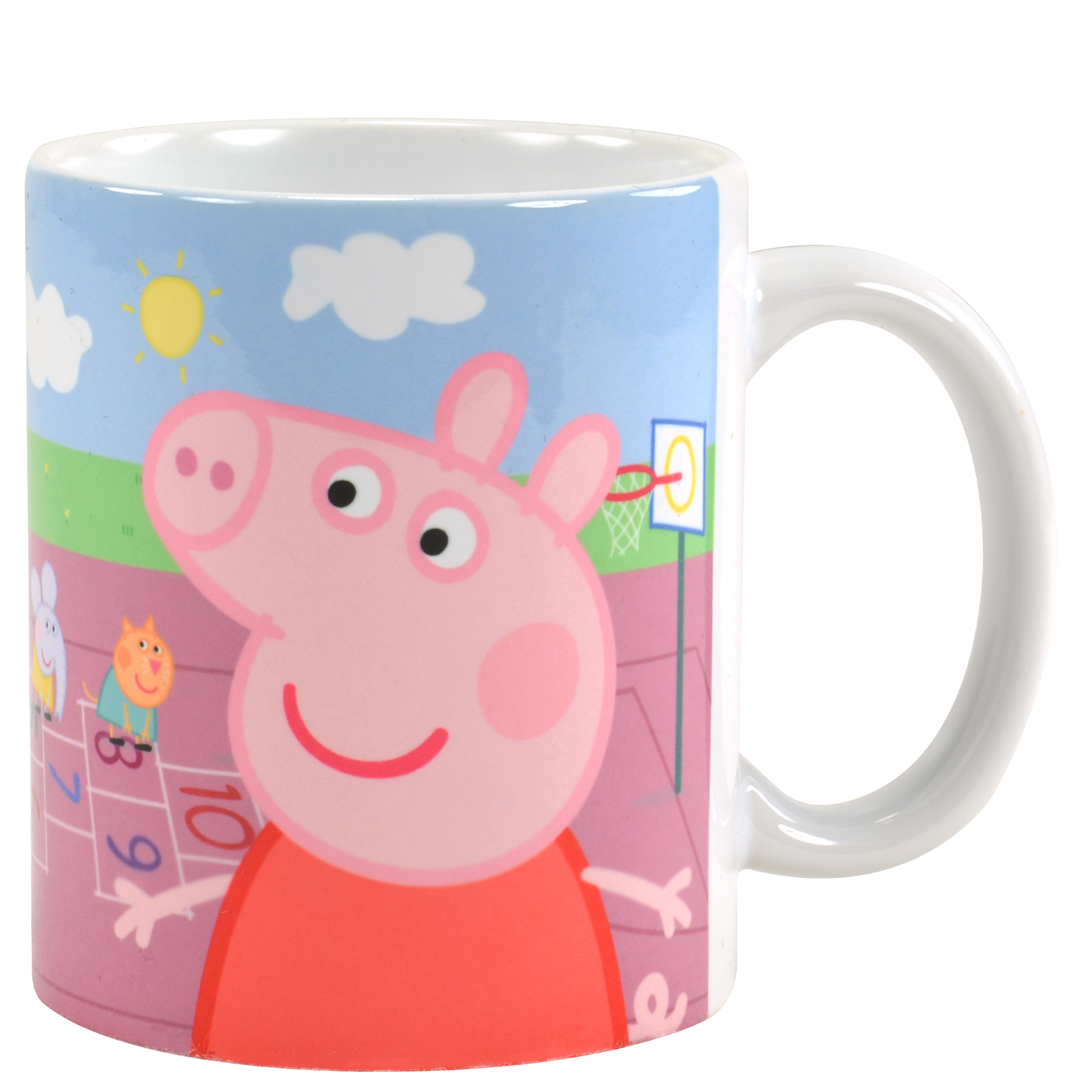 Peppa Wutz Becher mit Peppa und Freunden, die auf einem Spielplatz Hüpfkästchen spielen.