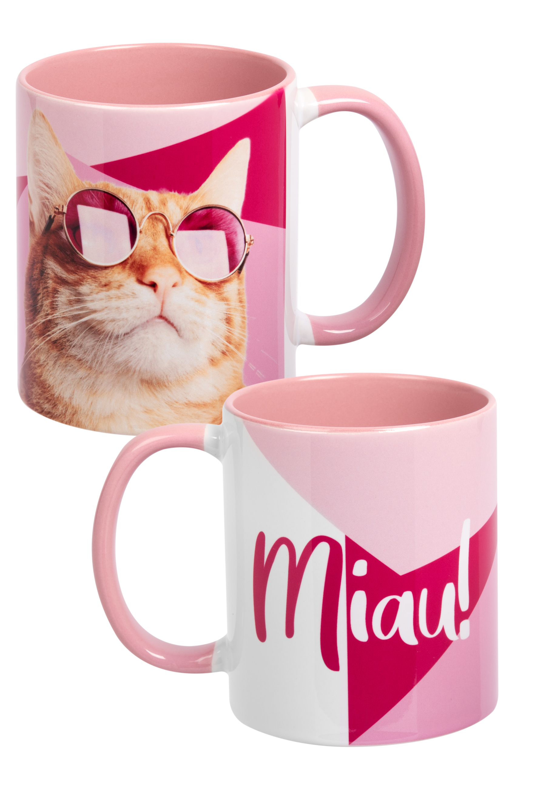 Zwei Tassen, eine mit einer Katze mit Brille und dem Wort 'Miaul!', und rosa und roten Farben.