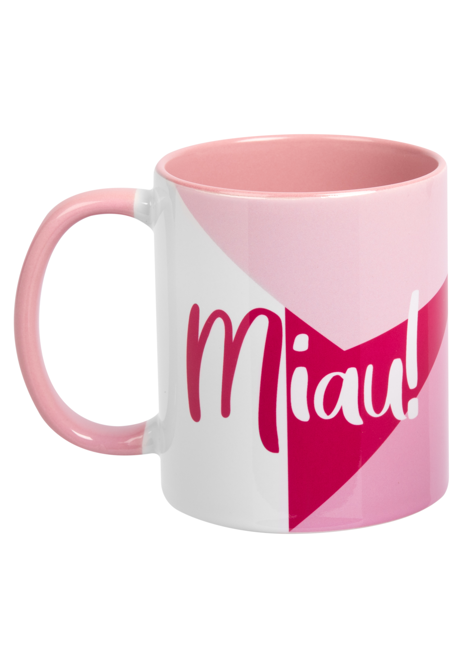 Rosa und weißer Becher mit dem Wort „Miaou!“ in rosa Text. Rosafarbener Henkel und rosa Innenseite des Bechers.
