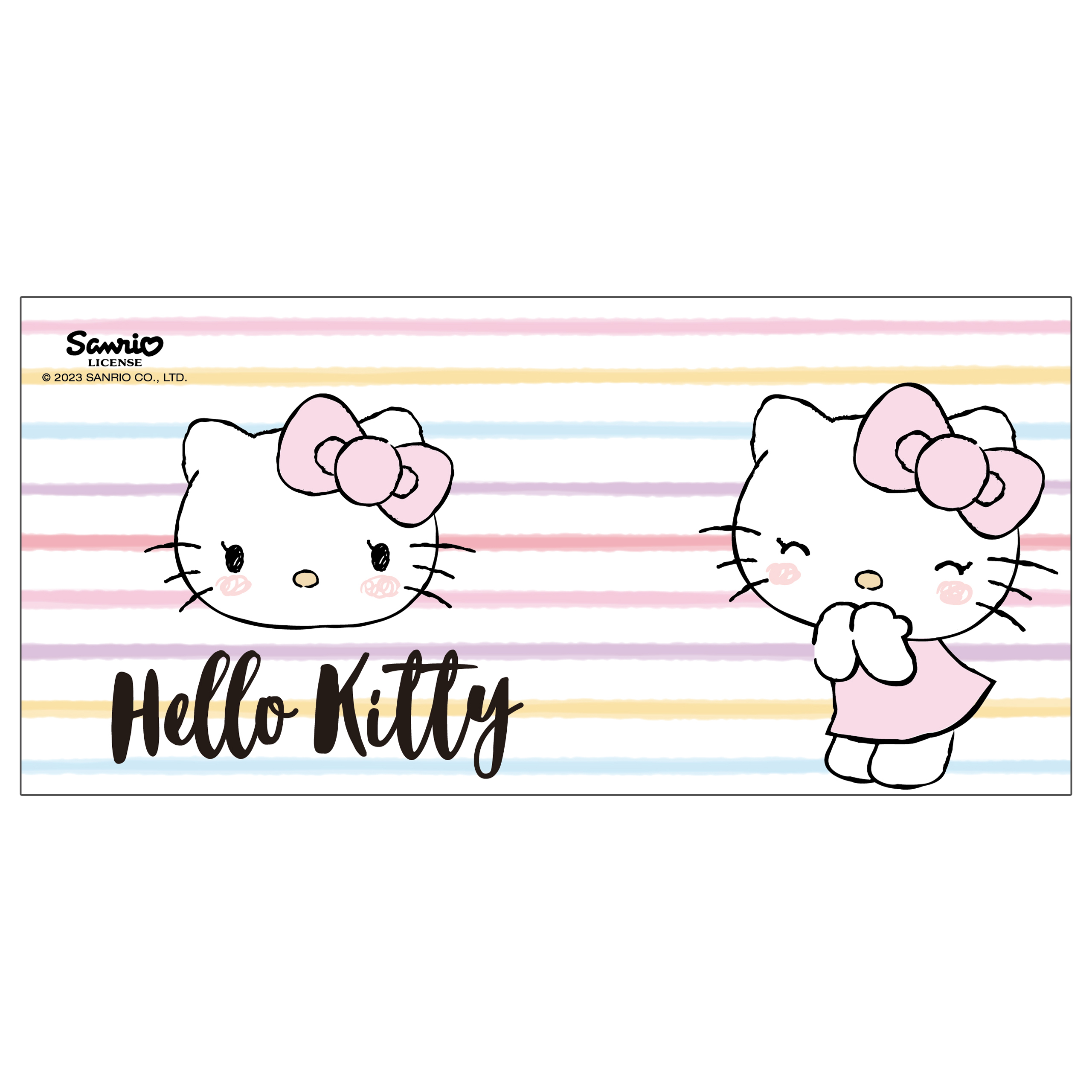 Hello Kitty Design. Zwei Hello Kitty-Bilder mit rosa Schleife auf gestreiftem Hintergrund.