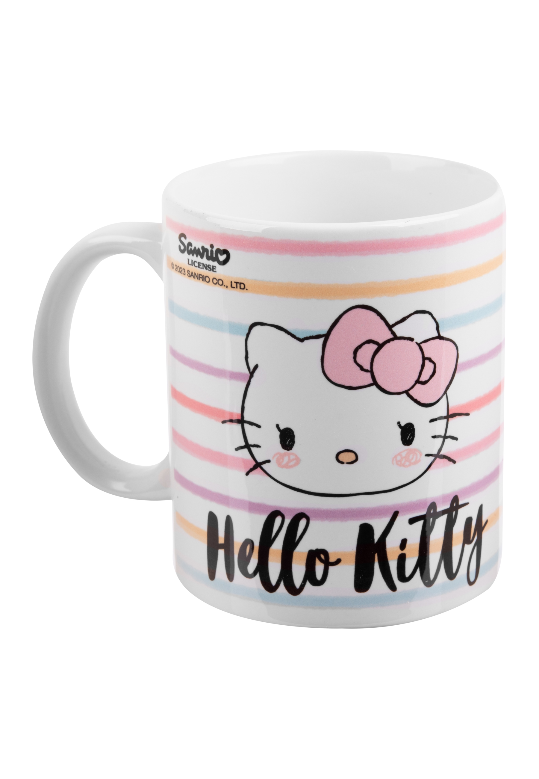 Hello Kitty Becher mit Pastellstreifen. Hello Kitty Gesicht mit rosa Schleife.