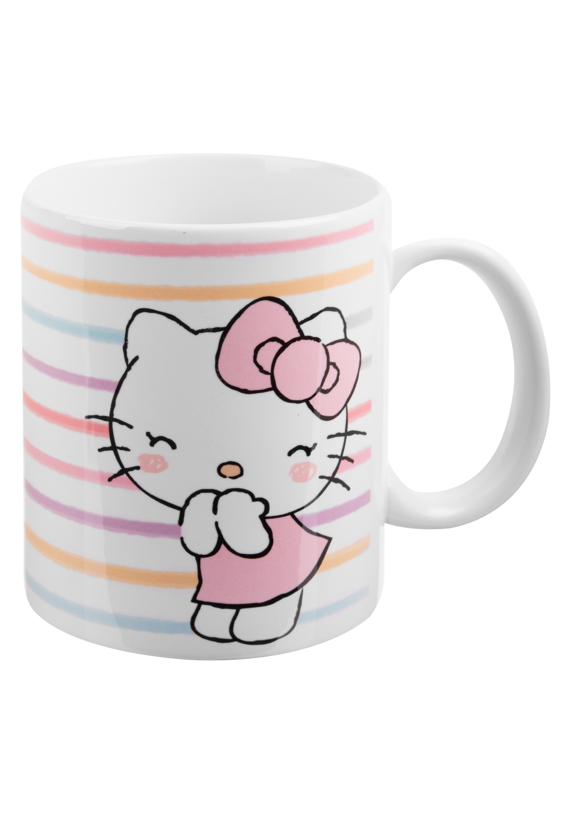 Tasse mit Hello Kitty, rosa Kleid und horizontalen Streifen.